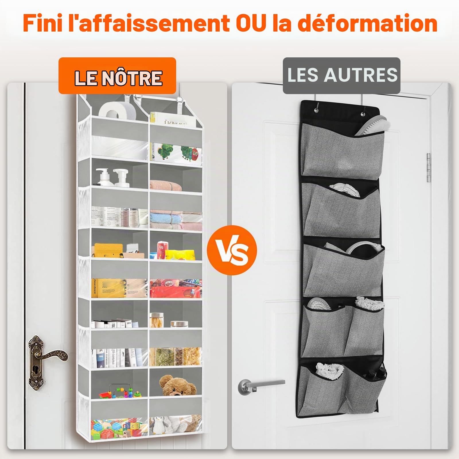 Rangement Suspendu de Porte 1 Pièce, Rangement Porte à Suspendre avec 10 Compartiments 10 Poches en Filet, Etagere Suspendue pour Chambre, Salle de Bain, Cuisine, Van, Camping, Gris
