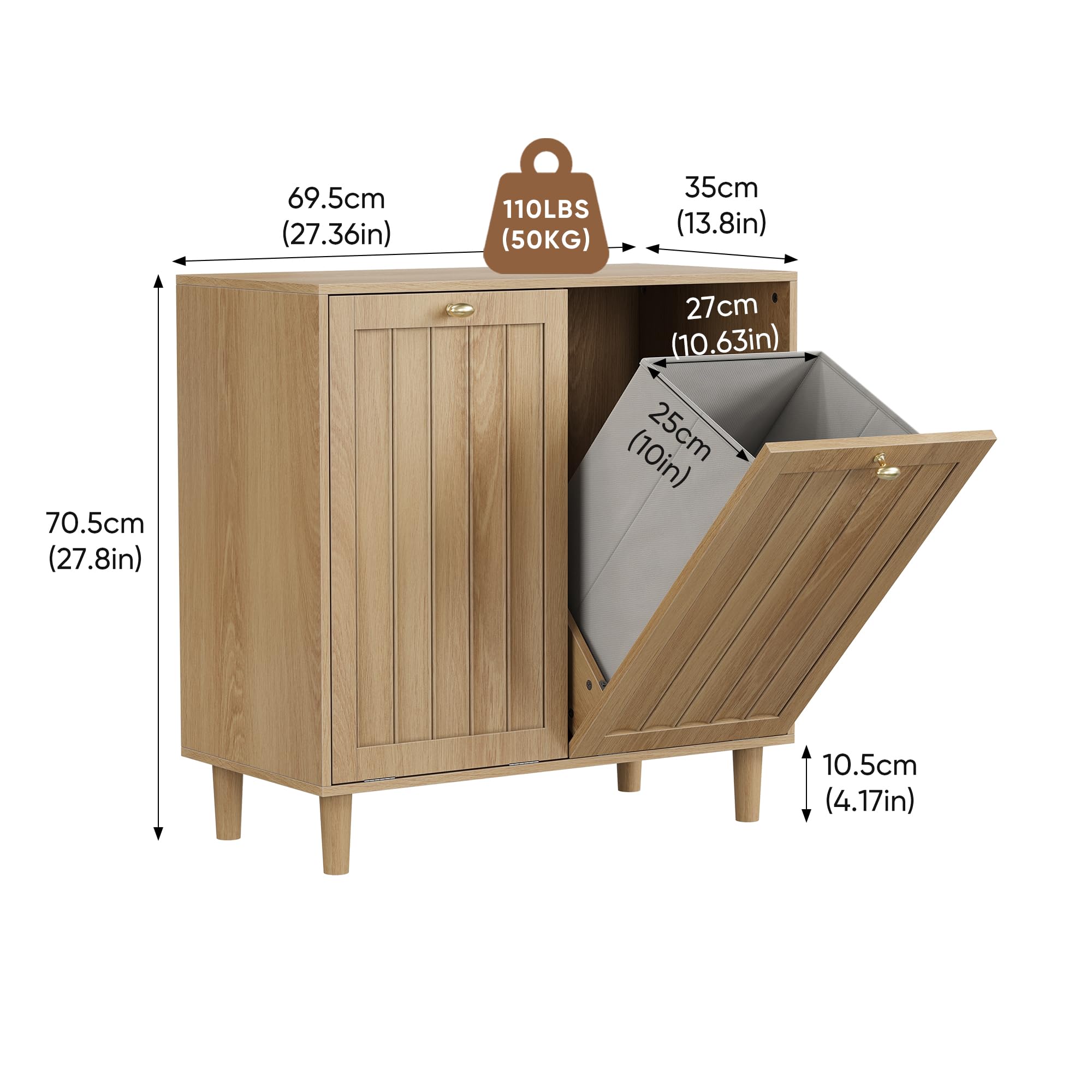 Badezimmerschrank mit Wäschekorb Eiche – schräger Wäscheschrank mit 2 herausnehmbaren Körben, Badschrank mit Wäschekippe & Kippschutz – freistehender Home-Organizer für Waschküche & Bad