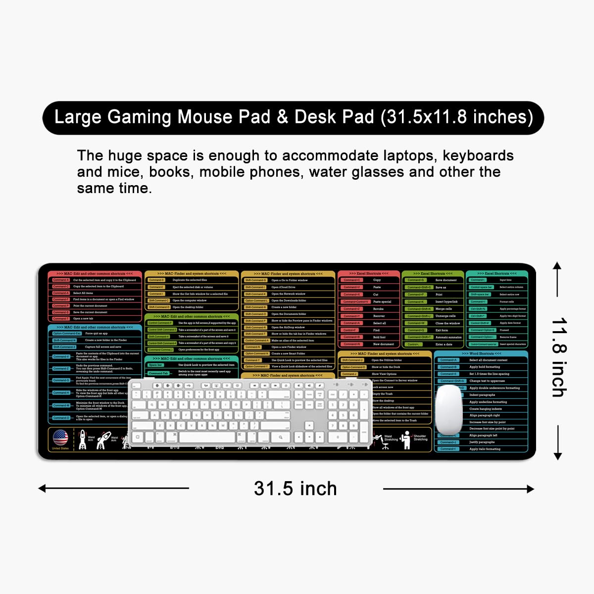 Snapklik.com : Mac Shortcut Key Mouse Pad Black Large Desk Pad Excel ...