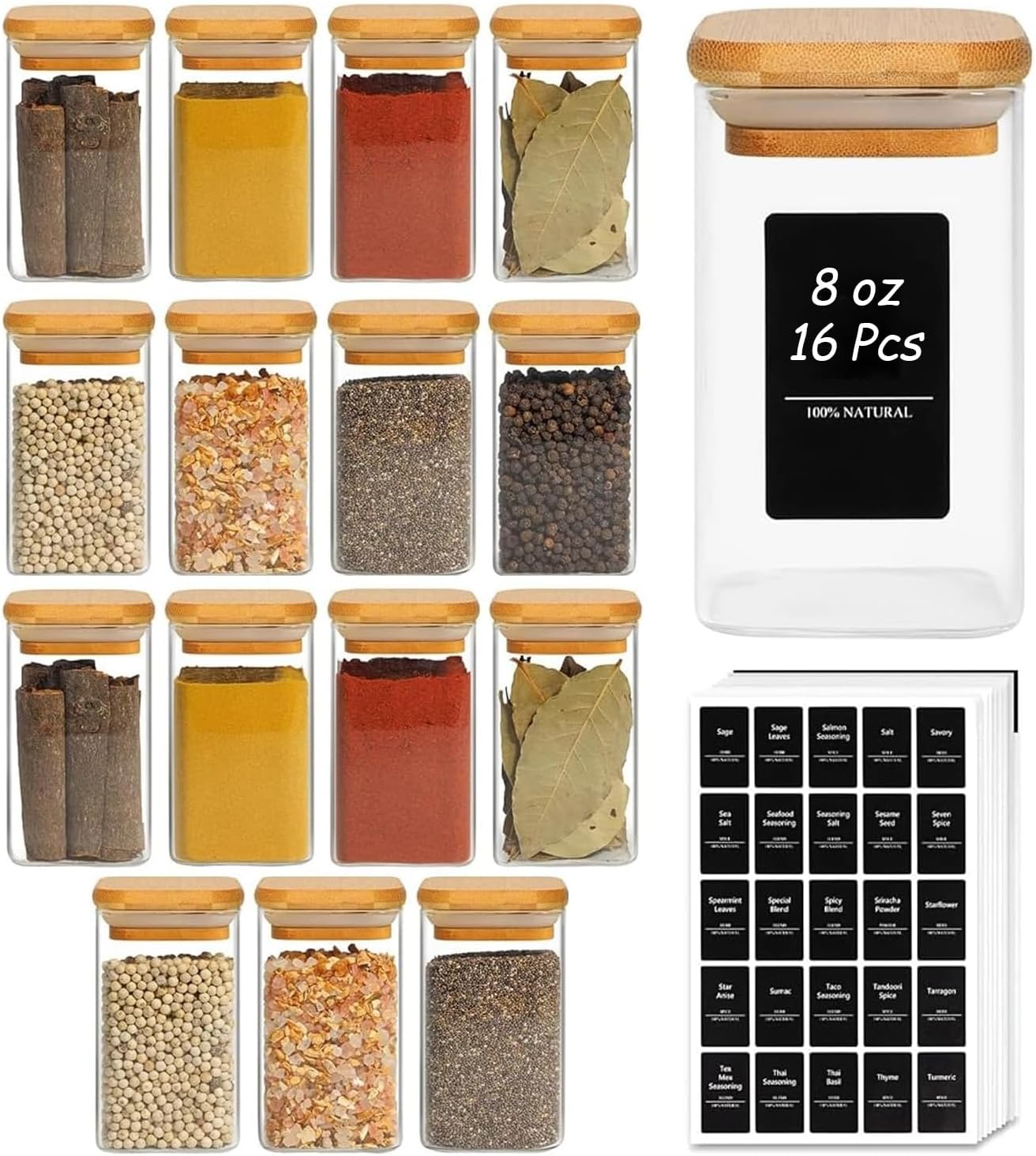 ComSaf 8 oz spice jars starter set with labels (16 pack)