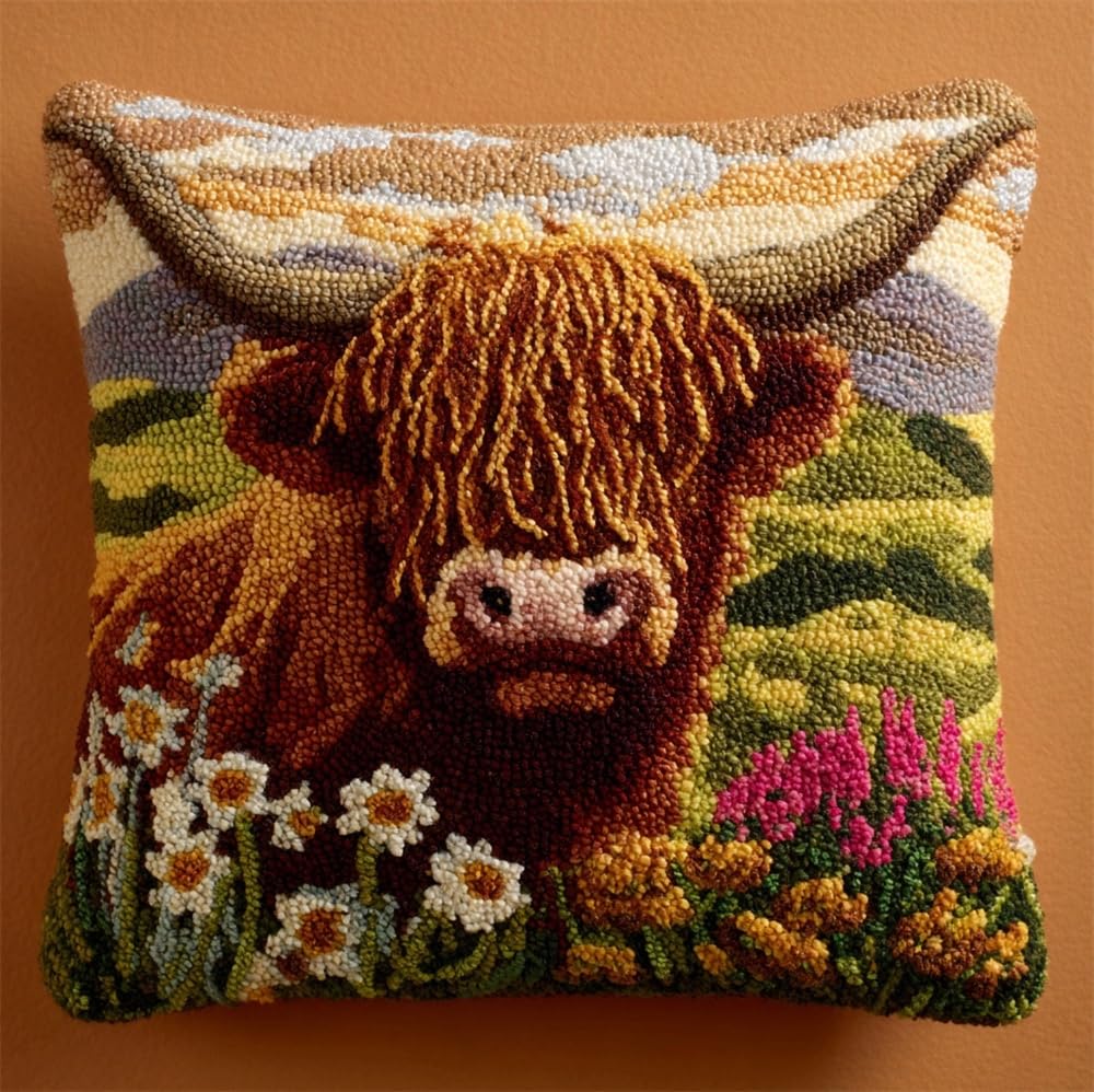 kitphoenix Latch Hook Cushion Kit, Highland Cow and Flowers