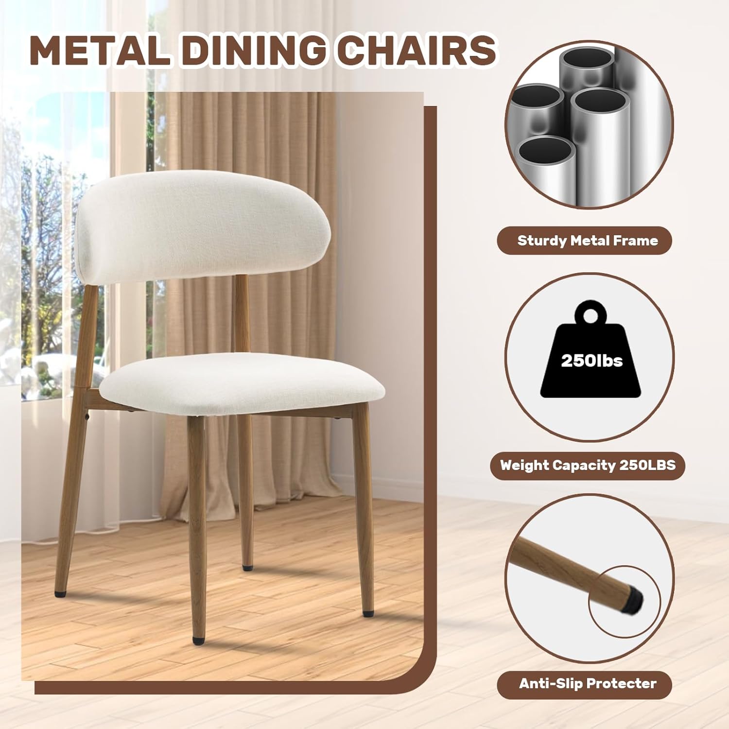 UVV Dining Chairs Set of 4, Metal Kitchen Chairs with Modern Fabric Upholstered for Dining Room, Beige