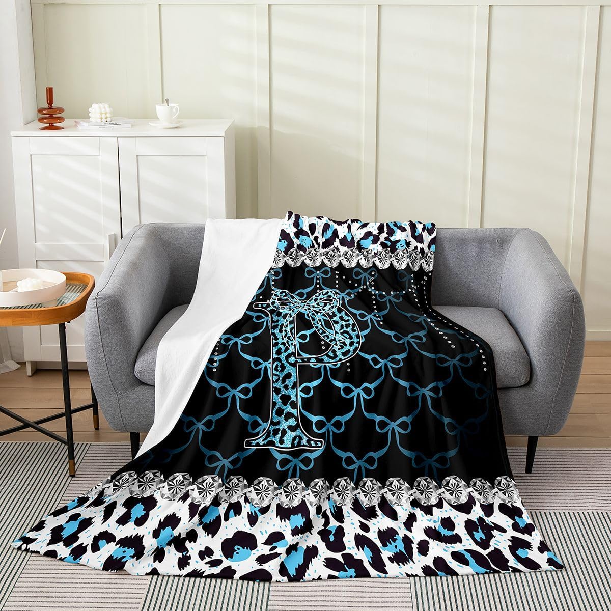 Erosebridal Initial Letter P Bowknot Alphabet Black Blue Flannel Blanket Baby 30x40 Inch | Girly Kids Fleece Blanket Leopard Print Bow Ribbon Glitter Luxury Soft Fuzzy Plush Throw image 4