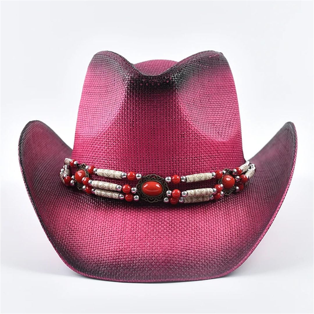 Cappelli da sole da donna in paglia stile occidentale per donna vintage bordo arricciato cowgirl jazz cappello da spiaggia, Rosa, Etichettalia unica