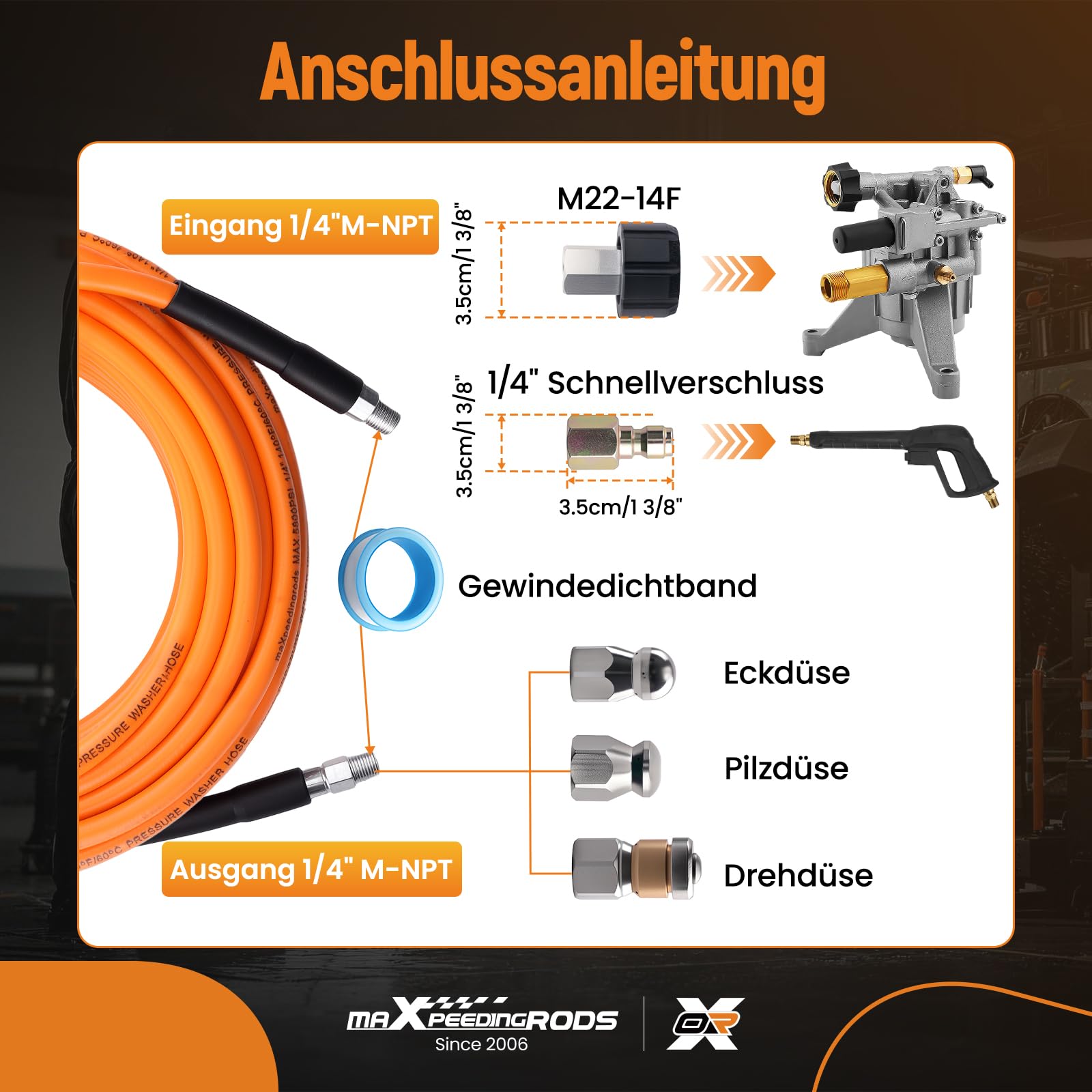 maXpeedingrods Set di tubi per la pulizia dei tubi, 100FT (30 m), universale, per la pulizia dei tubi ad alta pressione, adattatore angolare NPT da 1/4", per scarico, WC, fogne, lavaggio auto (5800