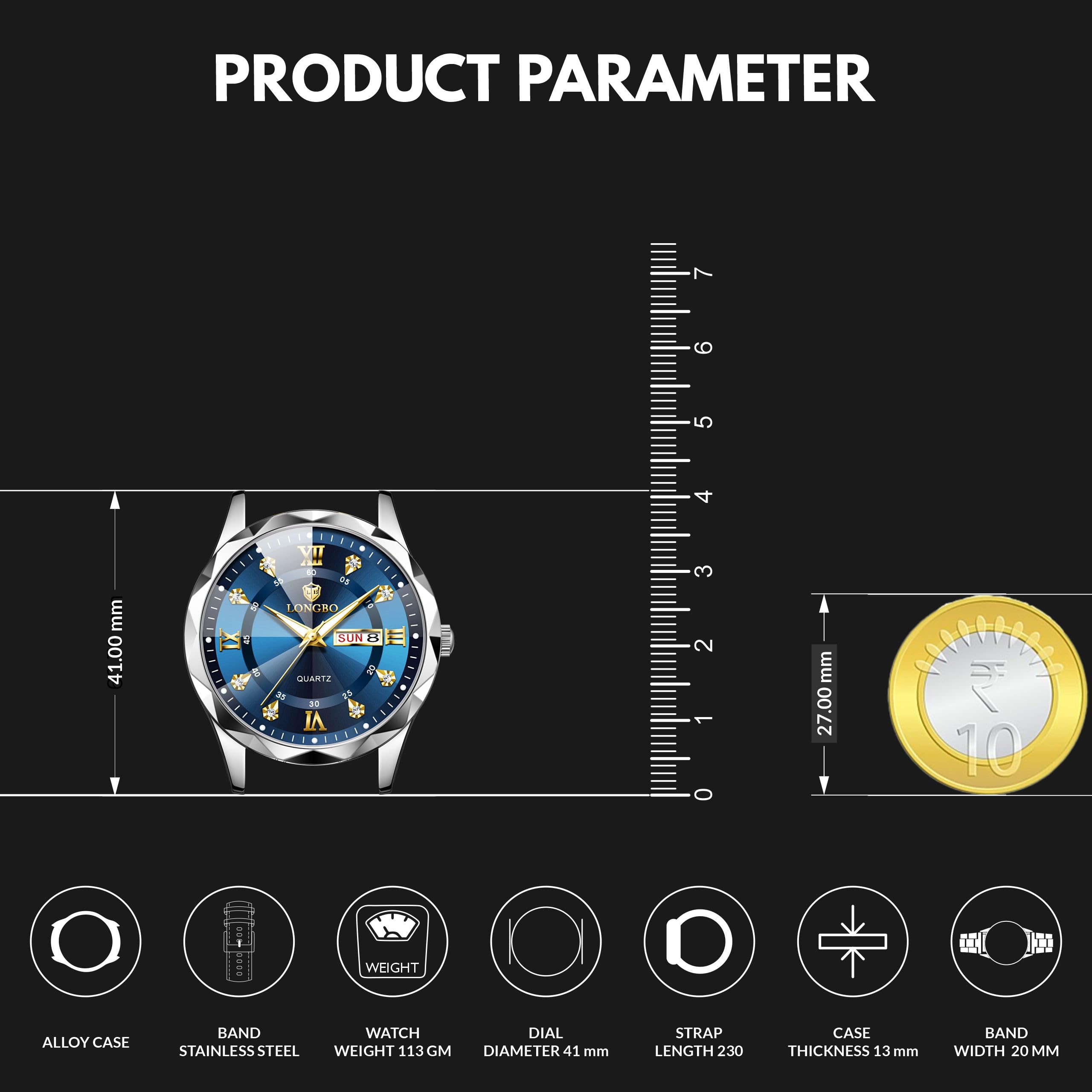 LONGBO Zenith Diamond Analog Watch for Men Business Stainless Steel Watches Luxury Men’s Wristwatch | Birthday Gift for Men | Gift for Husband | Gift for Brother (Silver-Gold-Blue) 3