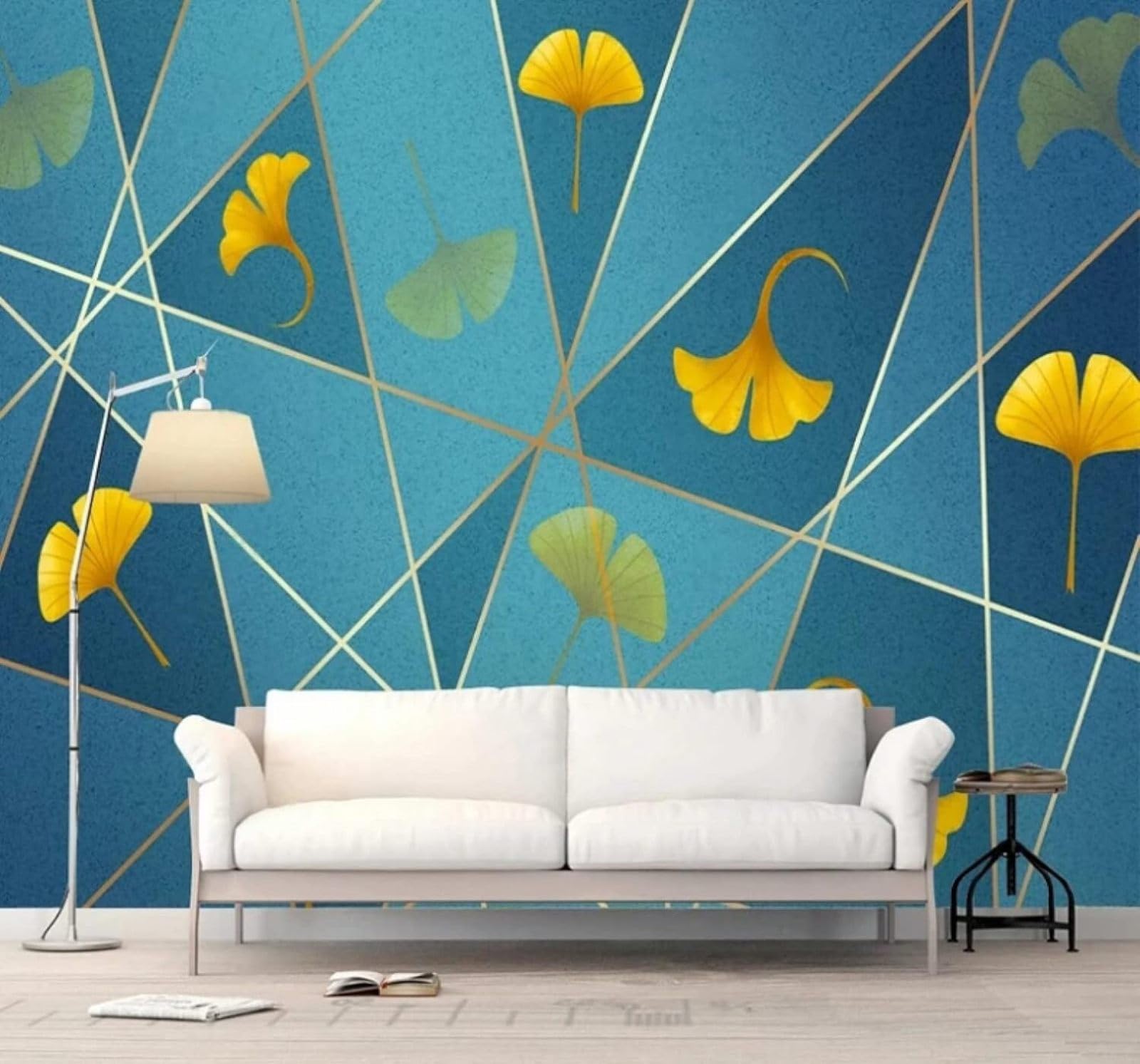 XLMING Fresh Blue Gold Lines Ginkgo Leaves 3D Wallpaper Luxury Home Dining Decor Paste Sofa Living Room The Wall for Bedroom Mural-430cm×300cm