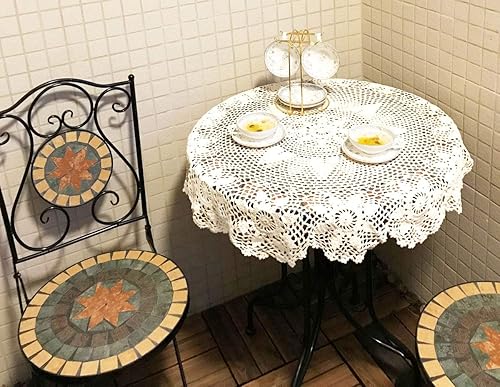 Vista 9 de Manteles redondos de encaje hechos a mano de color beige de ganchillo de algodón de 35 pulgadas.