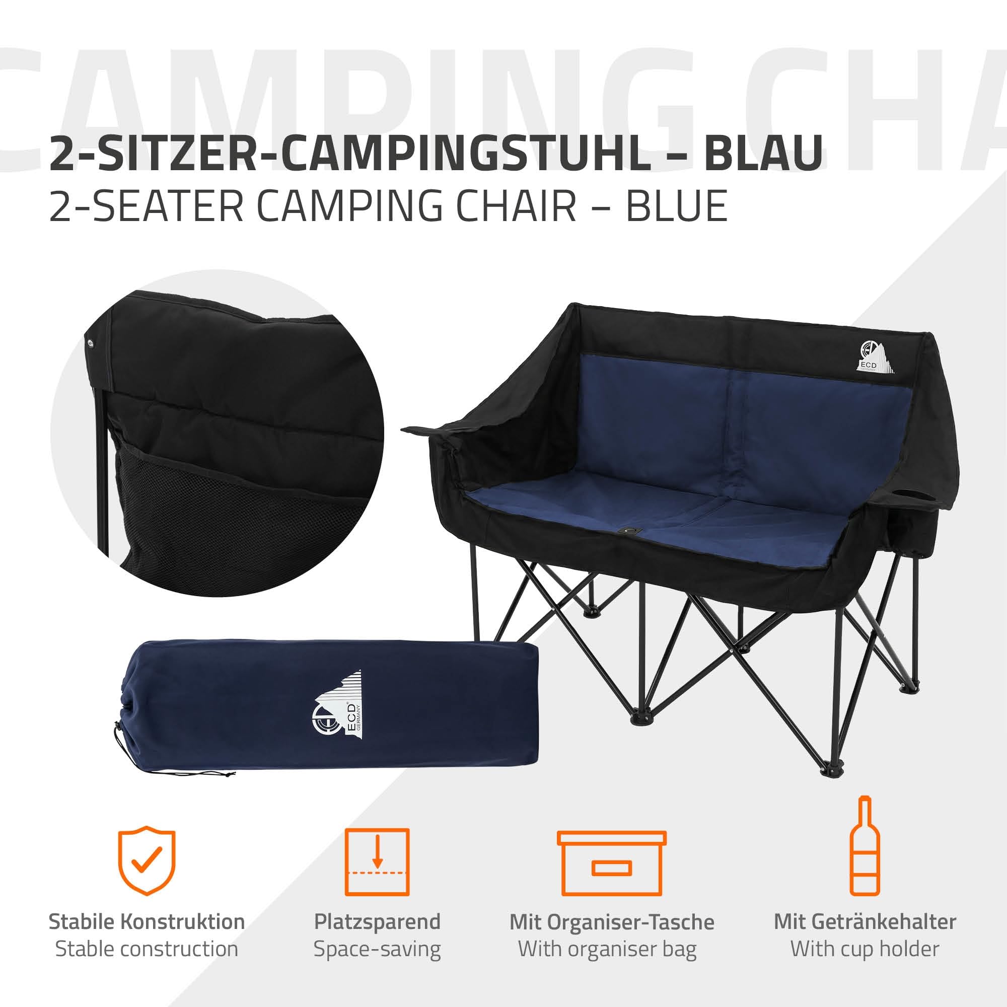 ECD Germany Campingstuhl faltbar für 2 Personen, Campingsofa klappbar 2-Sitzer, Doppel Klappstuhl mit Stahlgestell, Faltsofa gepolstert, Campingcouch stabil für Outdoor Camping und Angeln, Blau/Khaki
