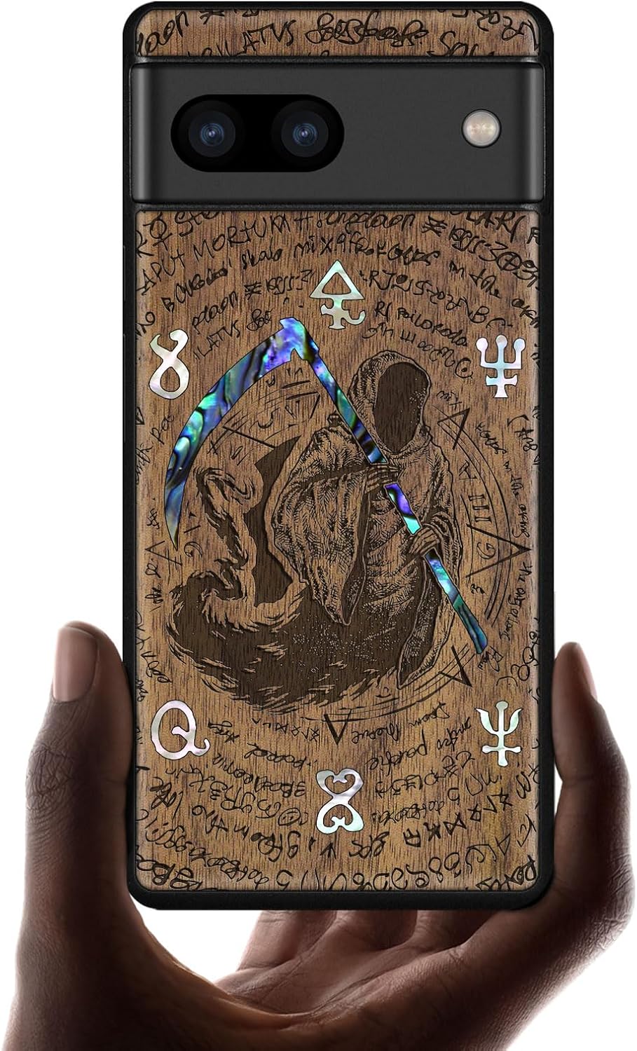 Carveit Designer Wooden Case for Google Pixel 8 Case Protective Cover [Wood Engraving & Shell Inlay] Compatible with Wireless Chargers Pixel 8 (Grim Reaper-Walnut)