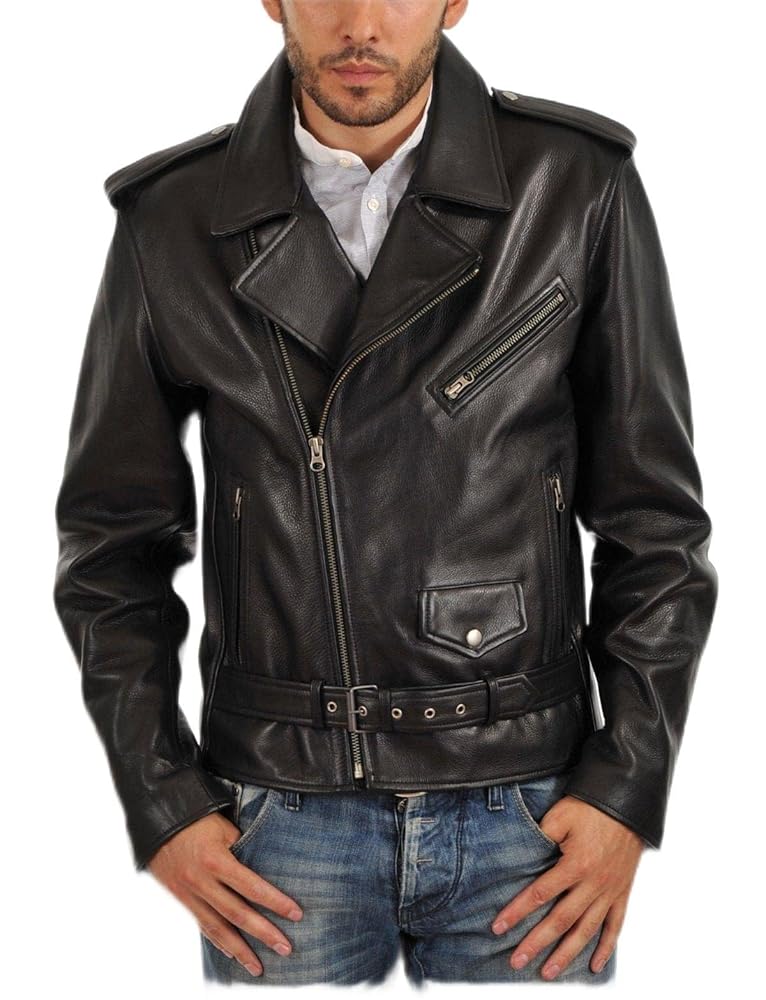 Mens Leather Jacket Slim Fit Biker Motorcycle Genuine