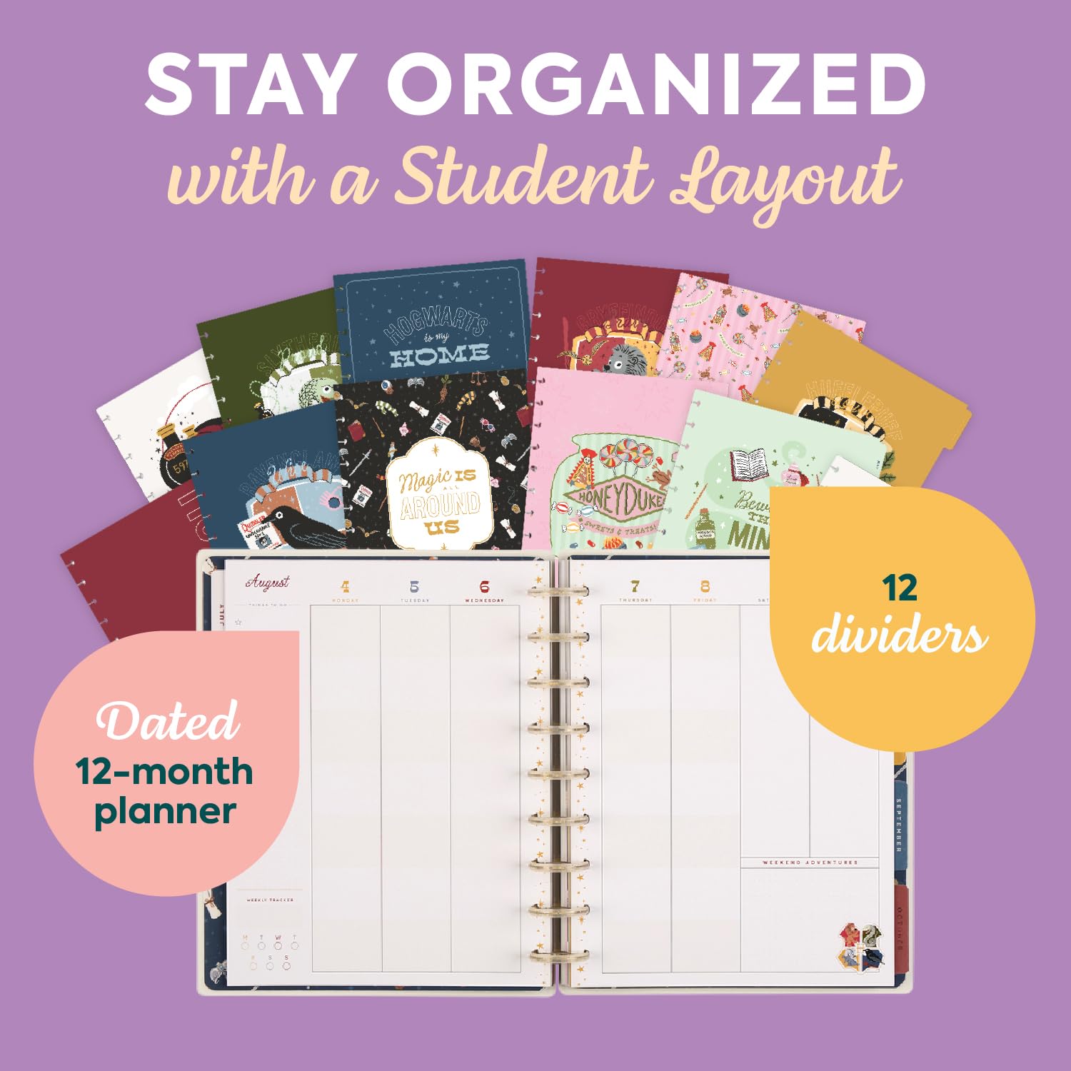 Happy Planner, agenda Harry Potter, 12 mesi luglio 2025-giugno 2026, formato classico, layout per studenti, ritorno a Hogwarts