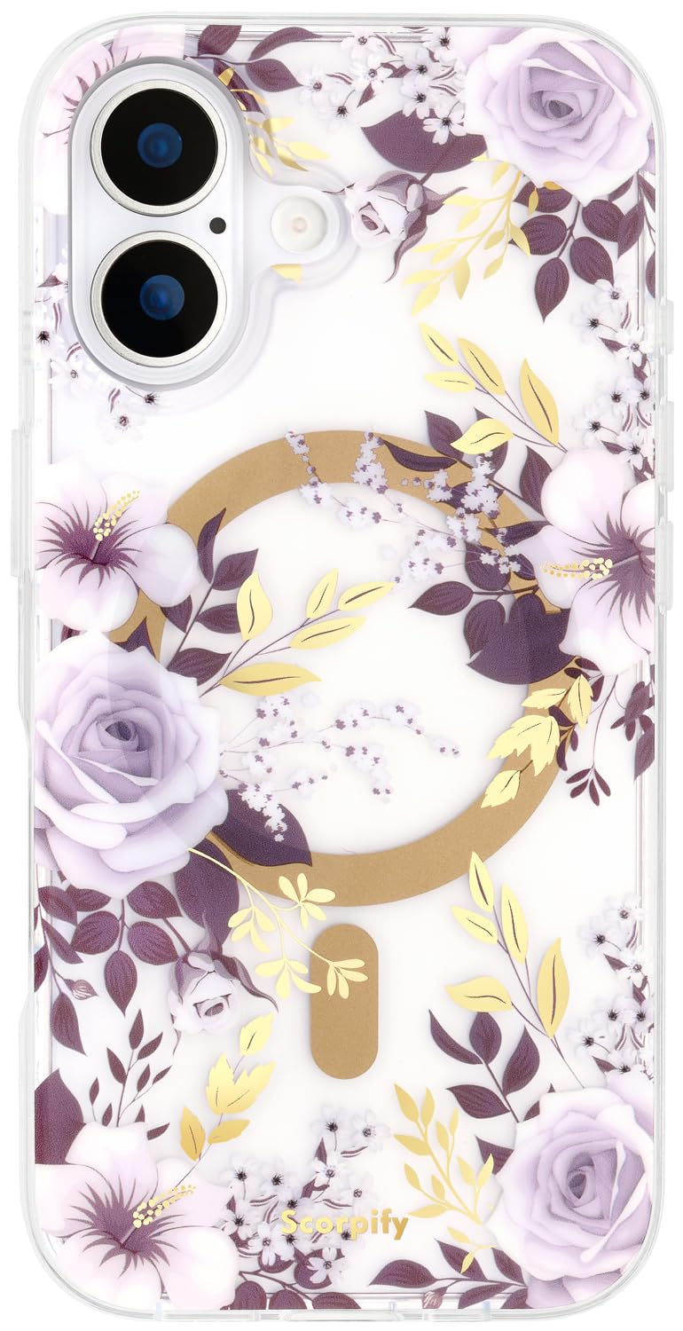 SCORPIFY for iPhone 17 Case [Compatible with MagSafe] with Purple Hibiscus and Rose Floral Design, Cute Clear Flower Magnetic Phone Cover for Women Girls, Shockproof Bumper with Gold Accents
