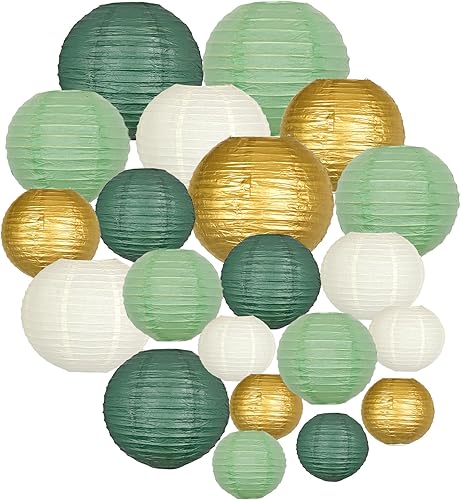 ADLKGG Faroles de papel verde salvia dorados, faroles de papel colgantes redondos para graduación, boda, despedida de soltera, fiesta de cumpleaños,