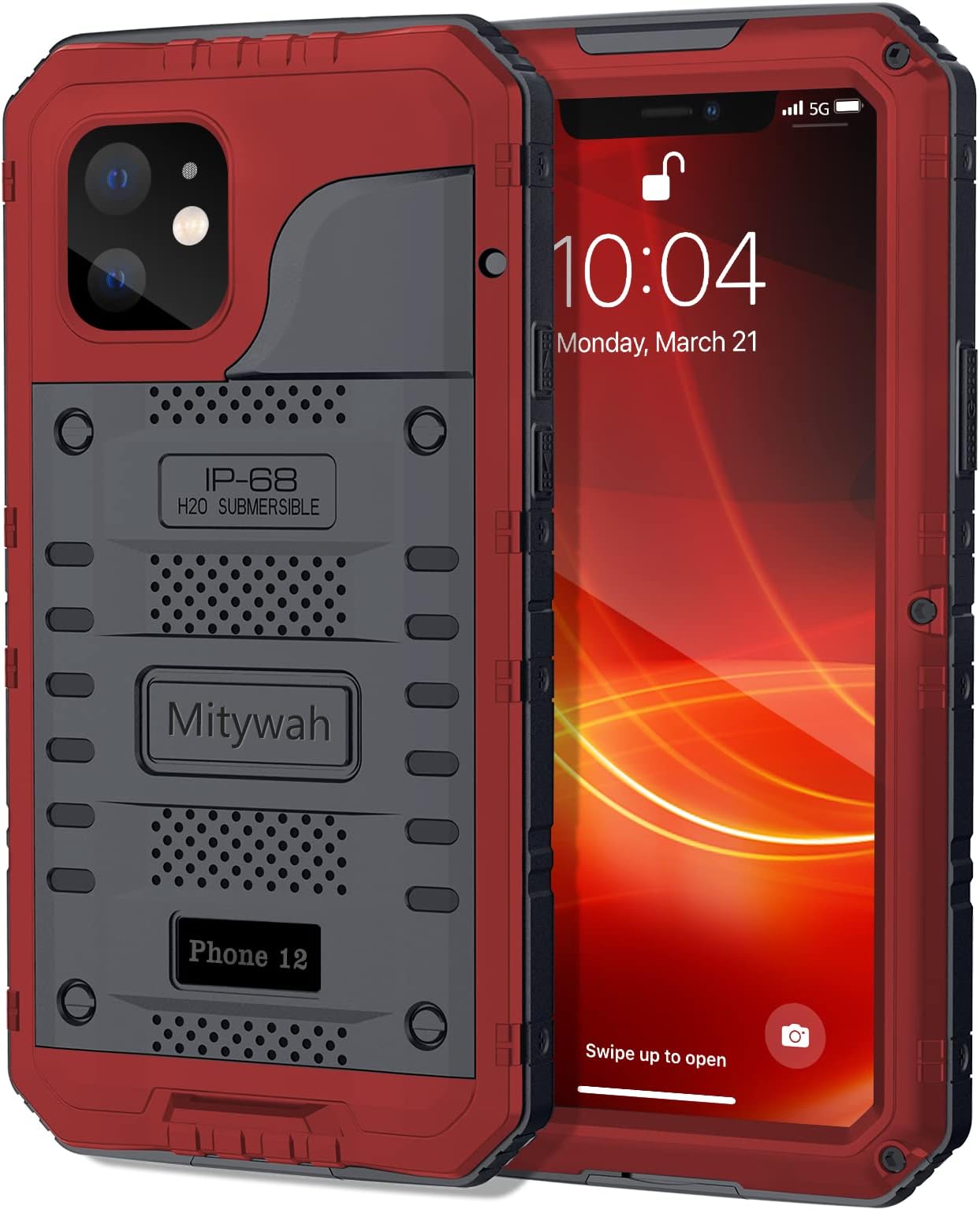 Mitywah Waterproof Case for iPhone 12, Heavy Duty Shockproof Case with Built-in Screen Protector, Full Body Underwater Protective Metal Case 6.1 inch, Red