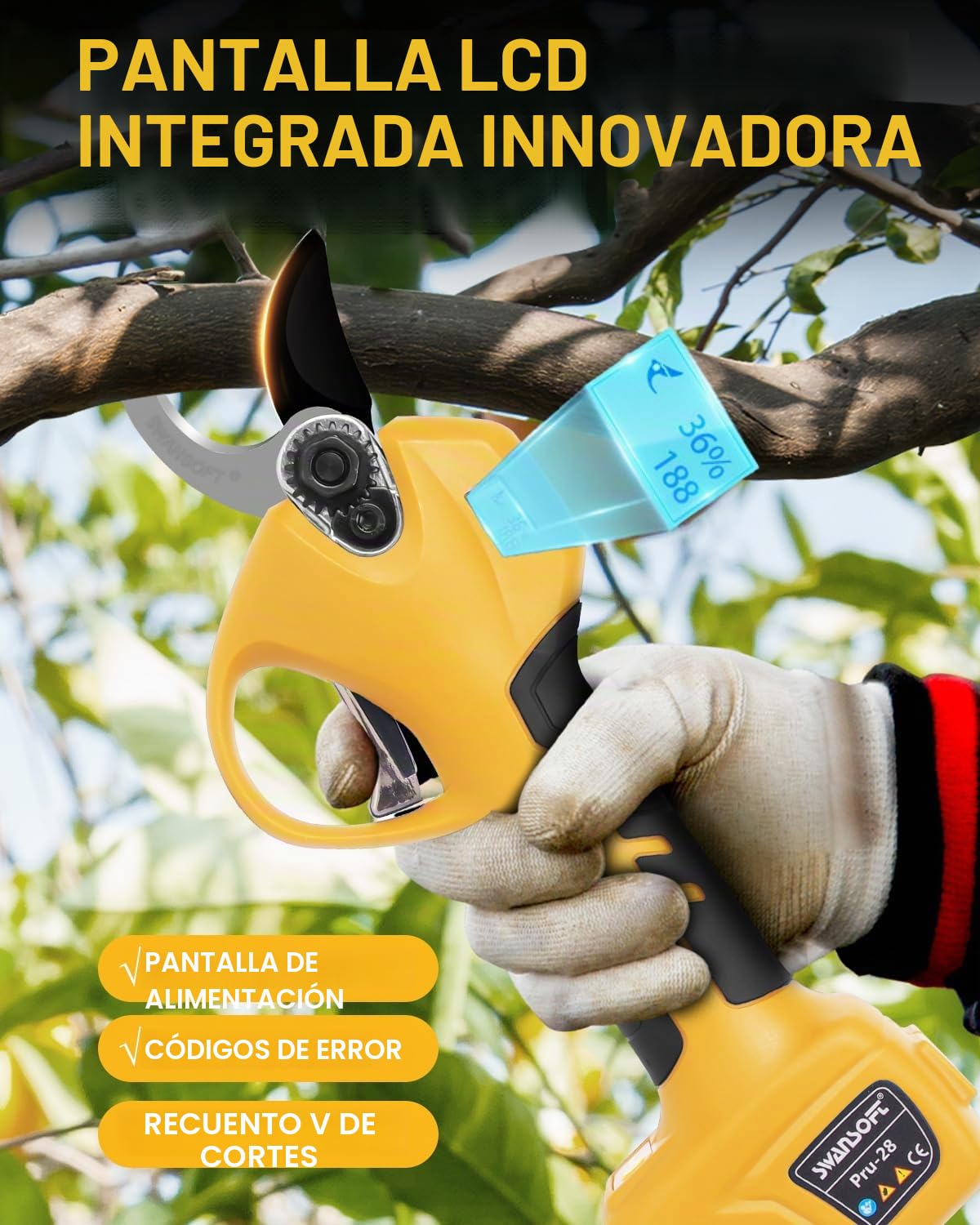 SWANSOFT Tijeras de Podar Electricas, 28mm 16,8V 850W Podadora Eléctrica de con Batería | Tijeras de Podar Eléctricas de Mano, Amarillo/Negro