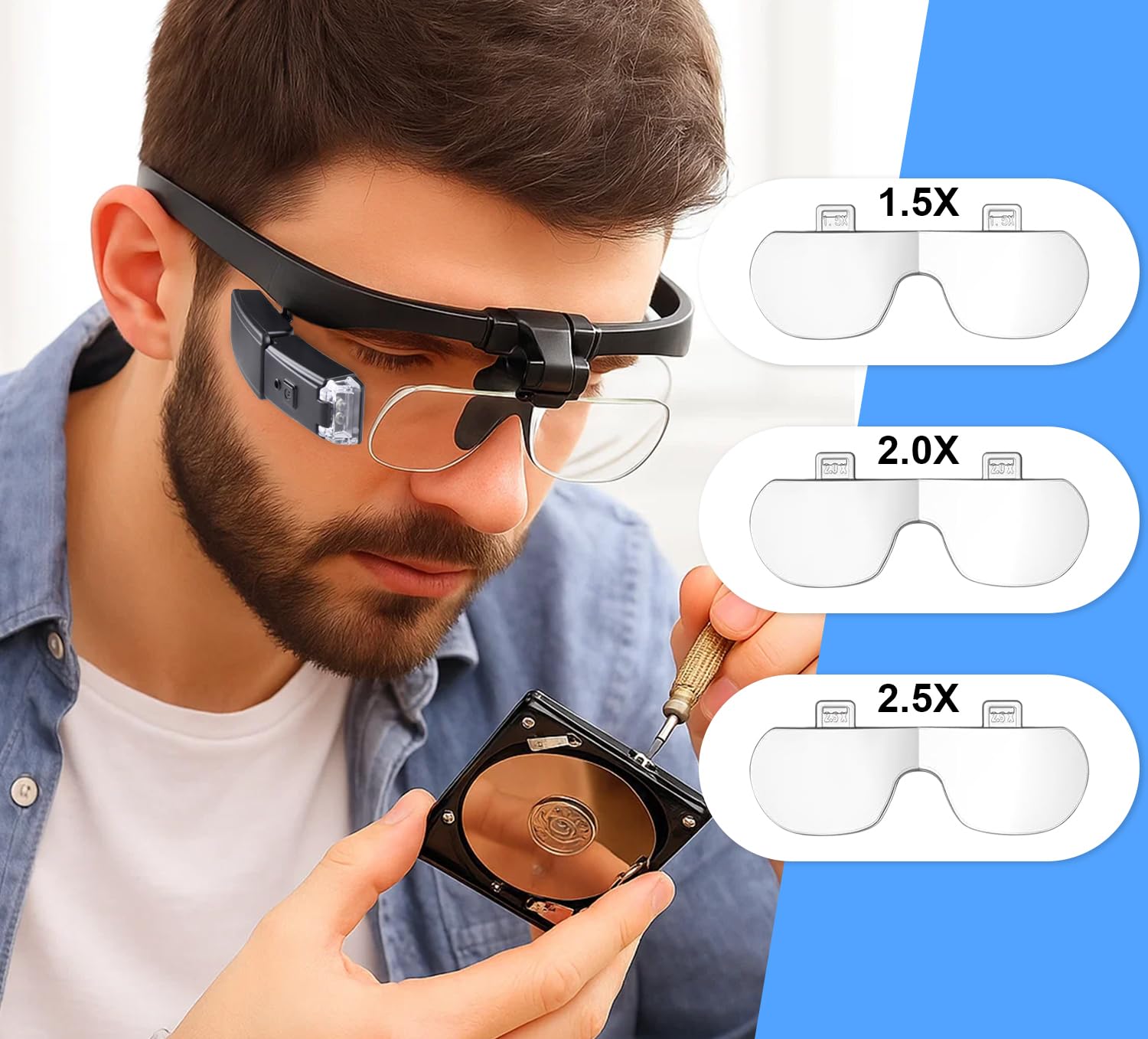 ZOBMIO Magnifying Glasses with Light 2 x LED USB for Glasses Wearers, Headband Magnifier with 3 Interchangeable Lenses (1.5X/2.0X/2.5X Combinable), Ideal for Electricians, Jewellers, Sewing and - Image 4