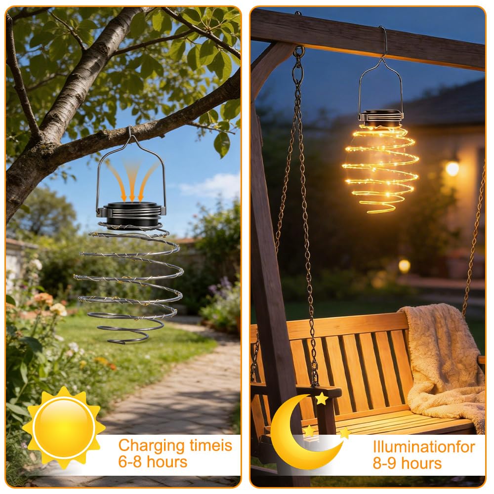 4 Piezas Farolillos Solares Exterior Colgante, IP65 Impermeable Luces Solares Exterior Jardin para Colgar en Espiral Lampara Solar Exterior Jardin con Blanca Cálida para Patio, Terraza (Luz cálida)
