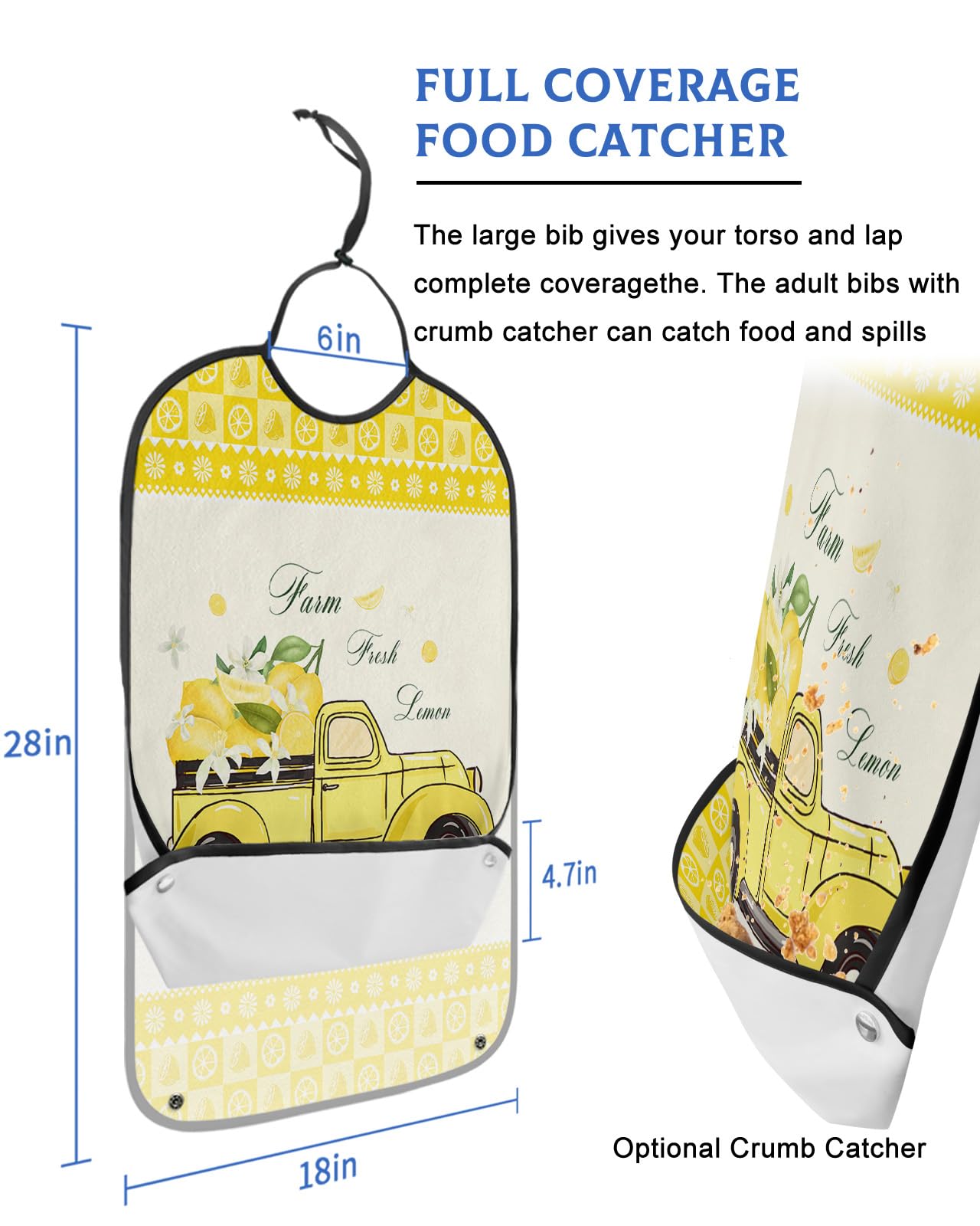 Summer Lemon Truck Adult Bibs for Eating, Waterproof Bibs with Food Catcher & Adjustable Snap Closure, Rustic Yellow Lemon Plaid Spring Floral Clothing Protectors Adult Bibs for Elderly Women/Men