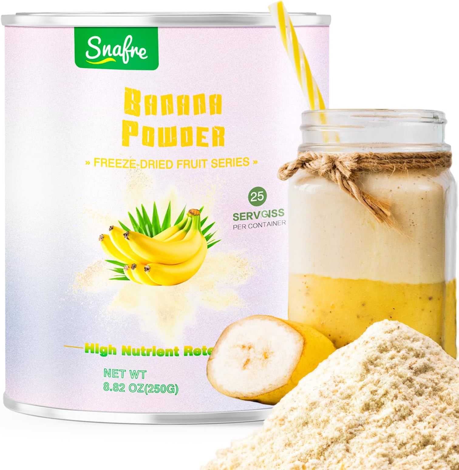 Banana Powder, 8.82OZ Freeze Dried Banana Powder, Freeze Dried Fruit, No Added or Sugar, Suitable for Baking, Oatmeal, Cereal, Yogurt, Smoothies, Juice