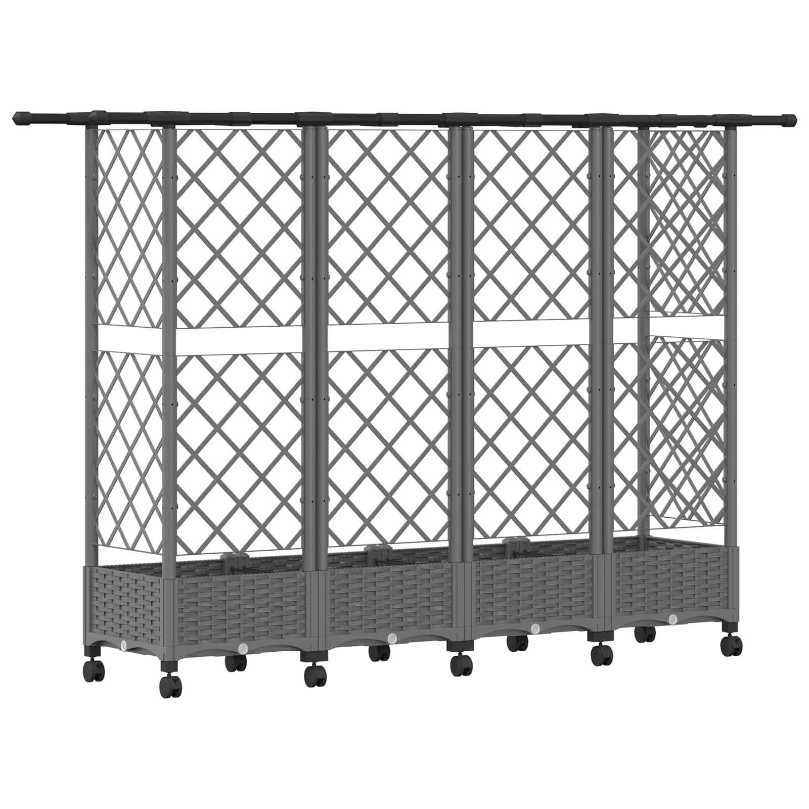 Podwyższona grządka z kratką dla roślin pnących i dachem wiszącym, jasnoszara, z polipropylenu, 202,5 x 40 x 127 cm, z otworem odpływowym i zatyczką, na balkon, taras, zioła