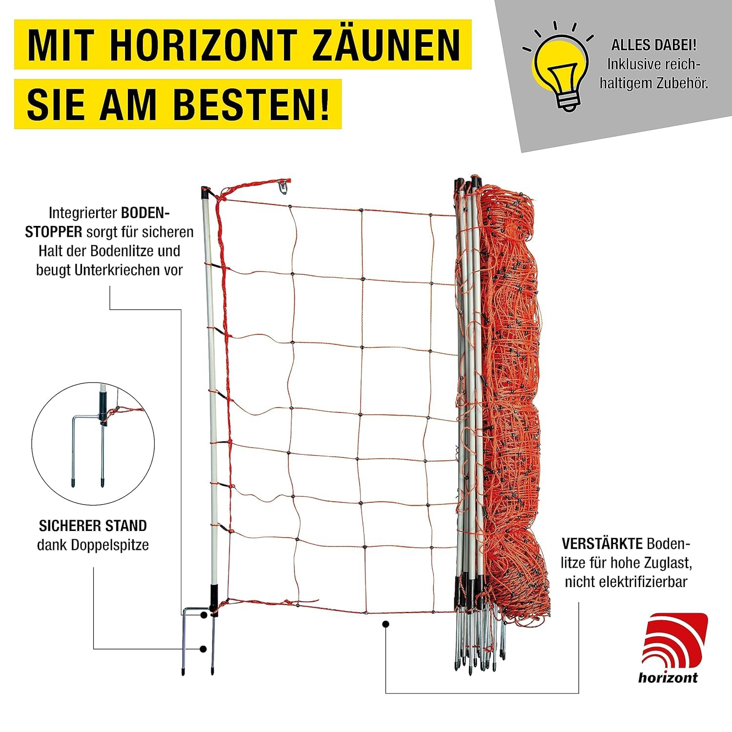 Horizont strongLine Clôture électrique pour moutons 90 cm de haut – Clôture de 50 m de long, 14 piquets en fibre de verre à double pointe – Clôture mobile pour moutons, chèvres et agneaux – Ensemble