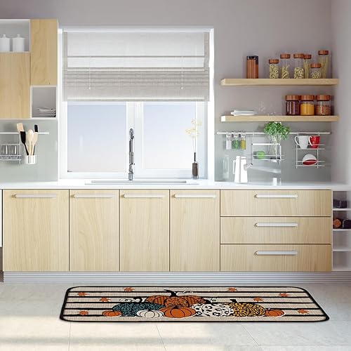 Miniatura 6 de Ceenna Juego de 2 alfombras y tapetes de cocina de otoño para camión, a cuadros, calabaza, antideslizante, con corredor, lindas alfombras de cocina