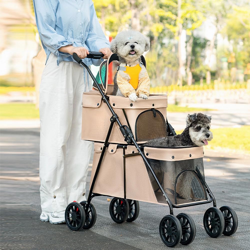 Double Couche Poussette pour Chien Chat Animaux, Animaux Voyage Poussette, Pliable Chien Chat À Quatre Roues Chariot, avec Ventilation et Freins (Marron, 50x67x95 cm/double couche)