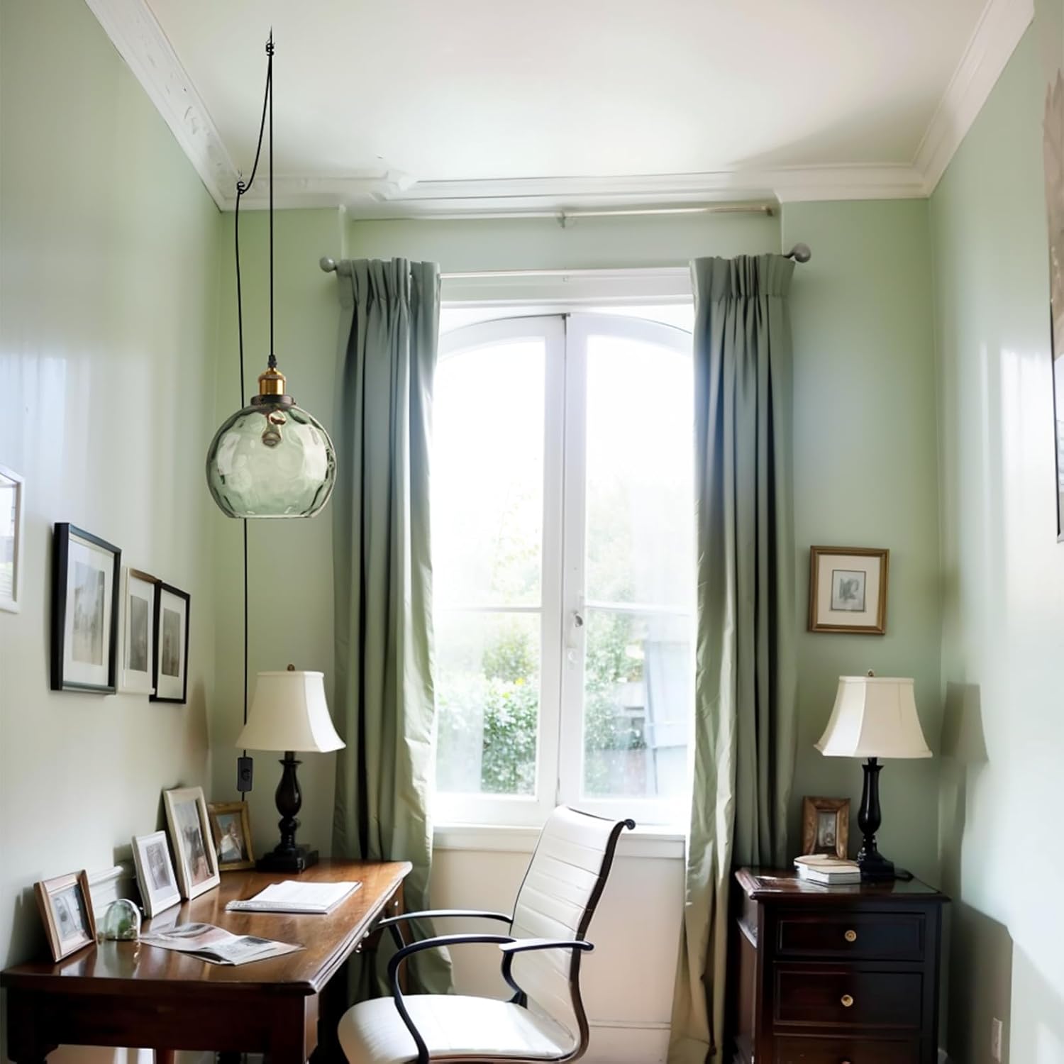 Green Plug in Glass Pendant Light Mid Century Modern Pendant Light Chandelier Ceiling Light Fixtures with Globe Shade, Plug in Hanging Light for Bedroom Living Room Dining Room