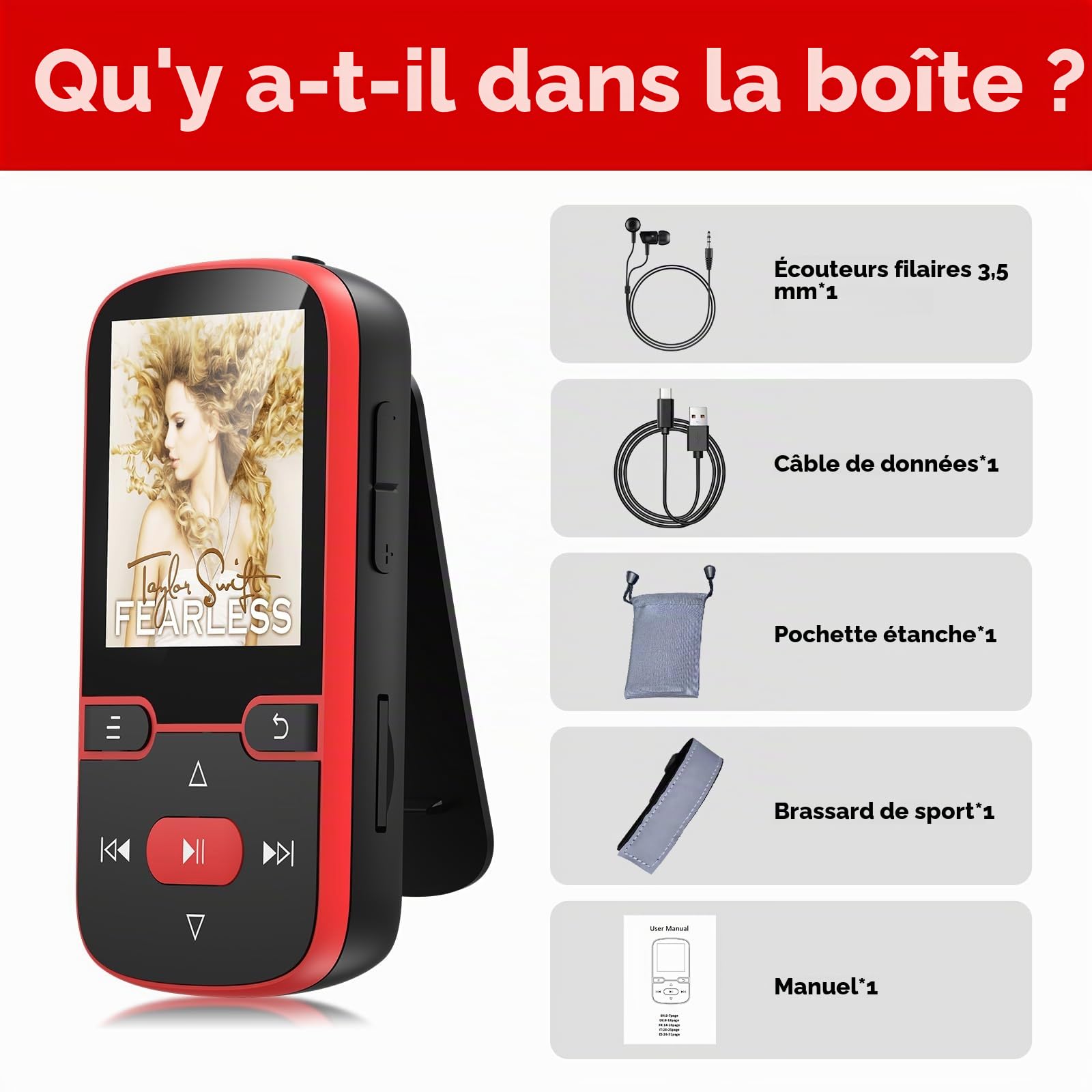 64 Go Lecteur MP3 Bluetooth 5.3 avec Clip Musique Sport, écran TFT 1,5"