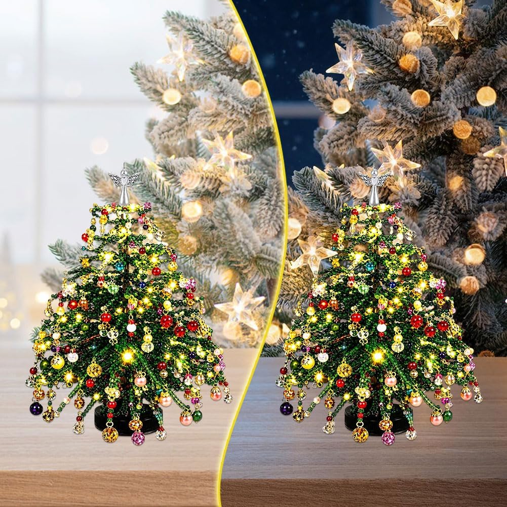 2027 Upgraded DIY Beaded Christmas Tree Kit with Lights, Handmade Mini Desk Xmas Bead Art, 3D Crystal Bead Christmas Tree Making Kit, Tabletop Christmas Decoration, for Family, Green