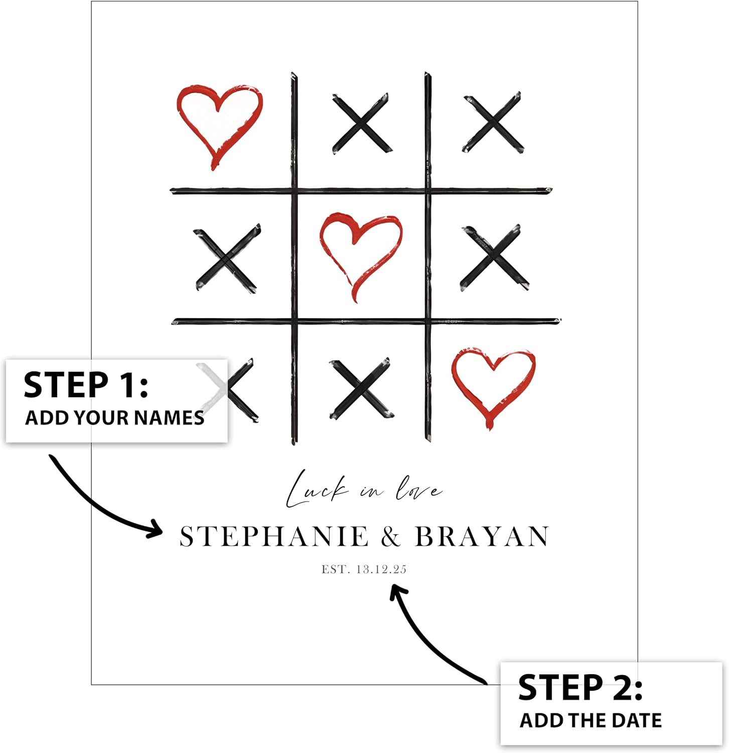 Poster Master Personalized Luck in Love Print, Customized Tic Tac Toe Poster and Canvas, Hearts Art, Gift for Couples, Available in 8x10 to 30x40