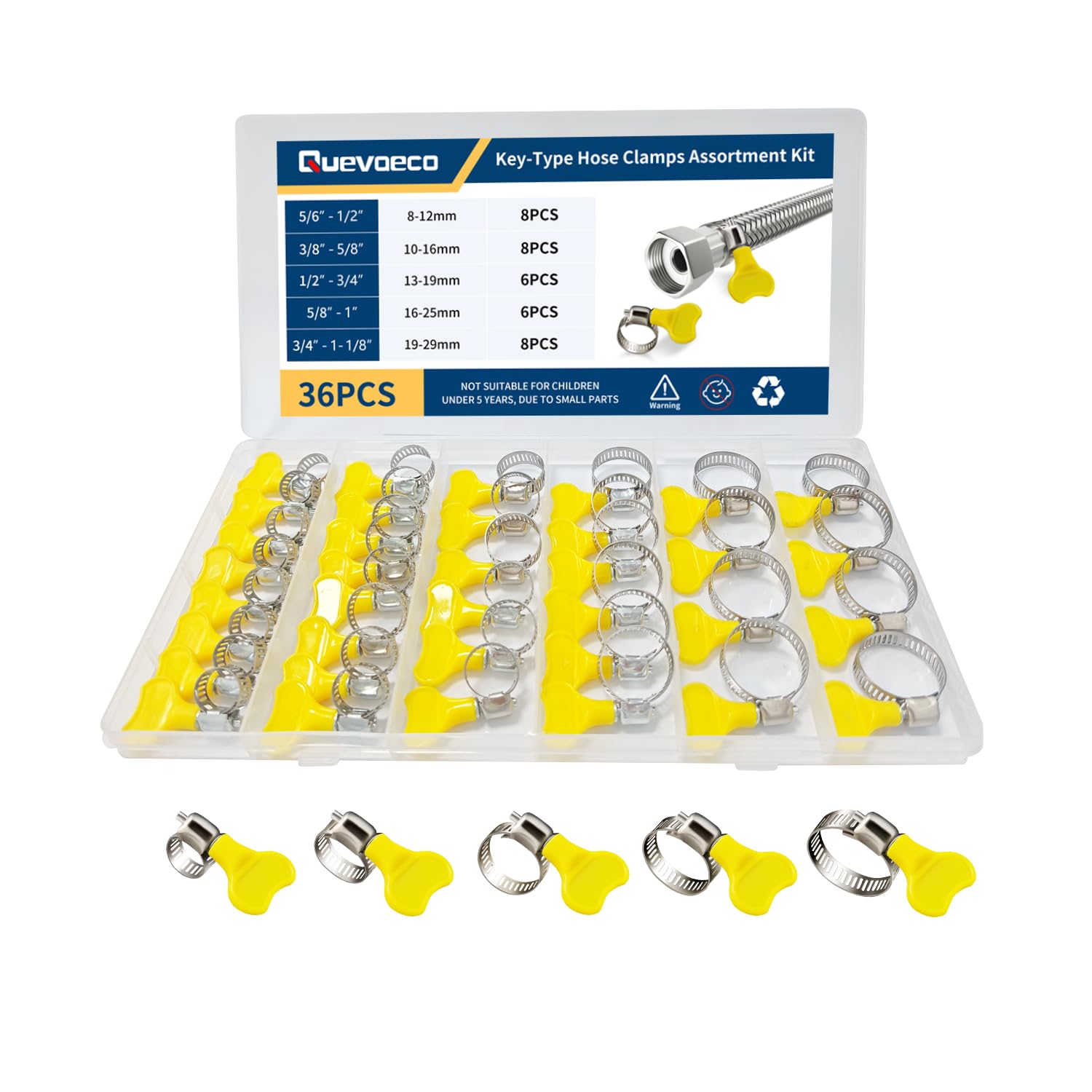 Quevaeco 36pcs Key Hose Clamp Kit, 8-29mm Adjustable Butterfly Hose Clamps, Stainless Steel Screw Clamps For Pipe, Plumbing
