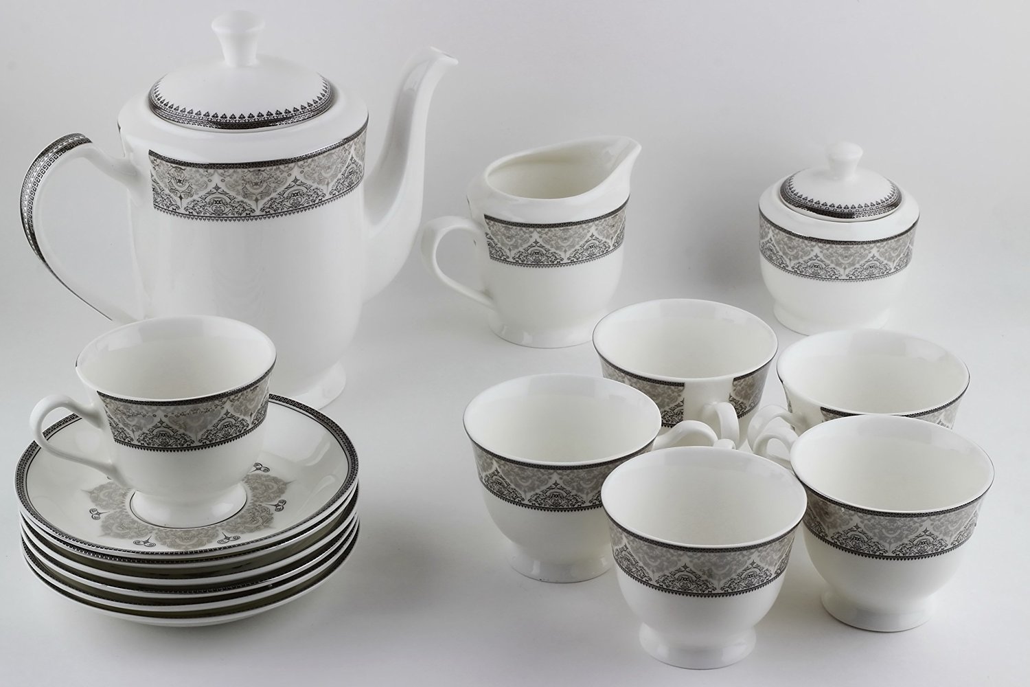 Skykey Tableware Serving Tea Kettle Pot Printed Tea Set Cups Saucer- Set of 15