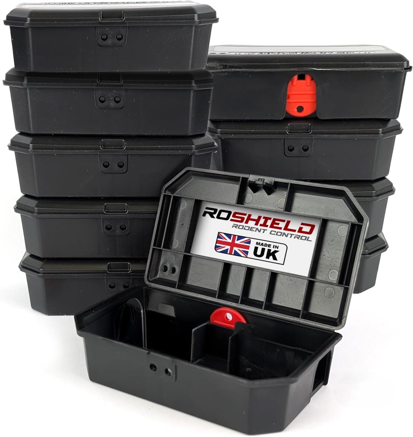 Roshield 10 Tamper Proof Mouse Bait Boxes - Holds Mice Poison Safely Away from Children & Pets (Empty - No Bait Included)