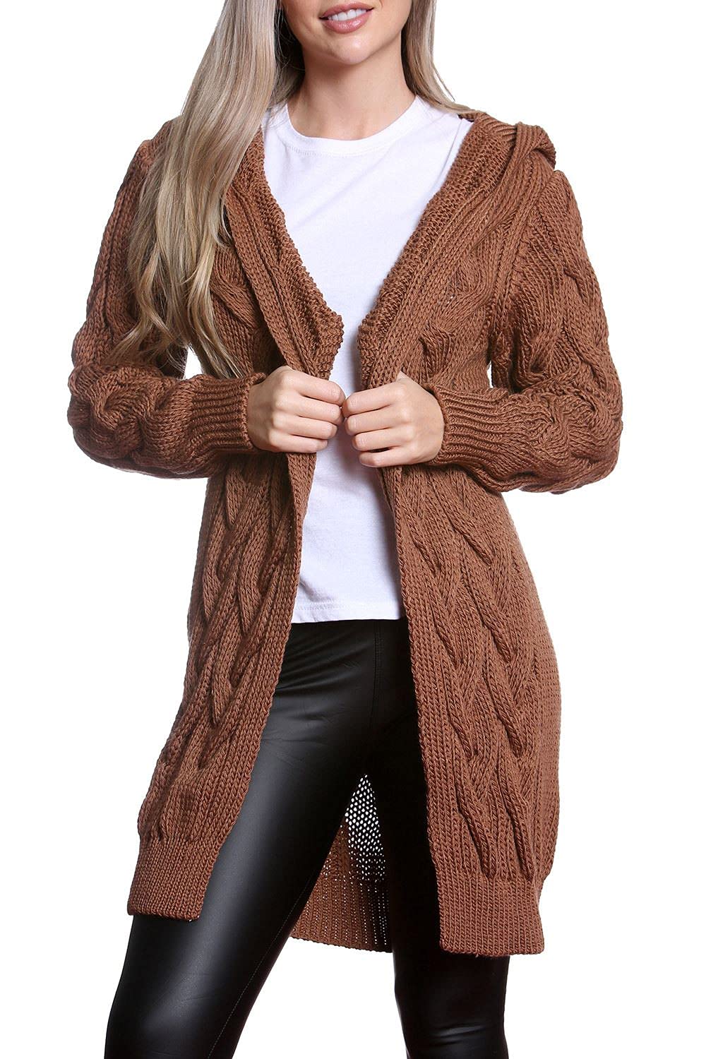 Crazy Girls Womens Chunky Knit Long Cardigan, Brown, SM (UK 8-10)
