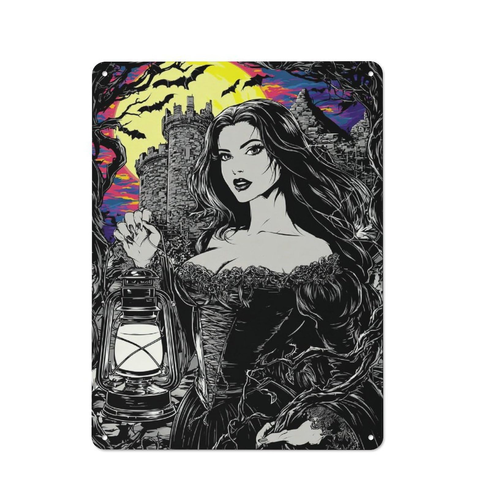 Junmoney Vampire Lady With Lantern -1 Vintage Vintage Tin Sign 40X30cm, Cafe Wall Decor For Bakery, Diner, Cafe Or Family Room