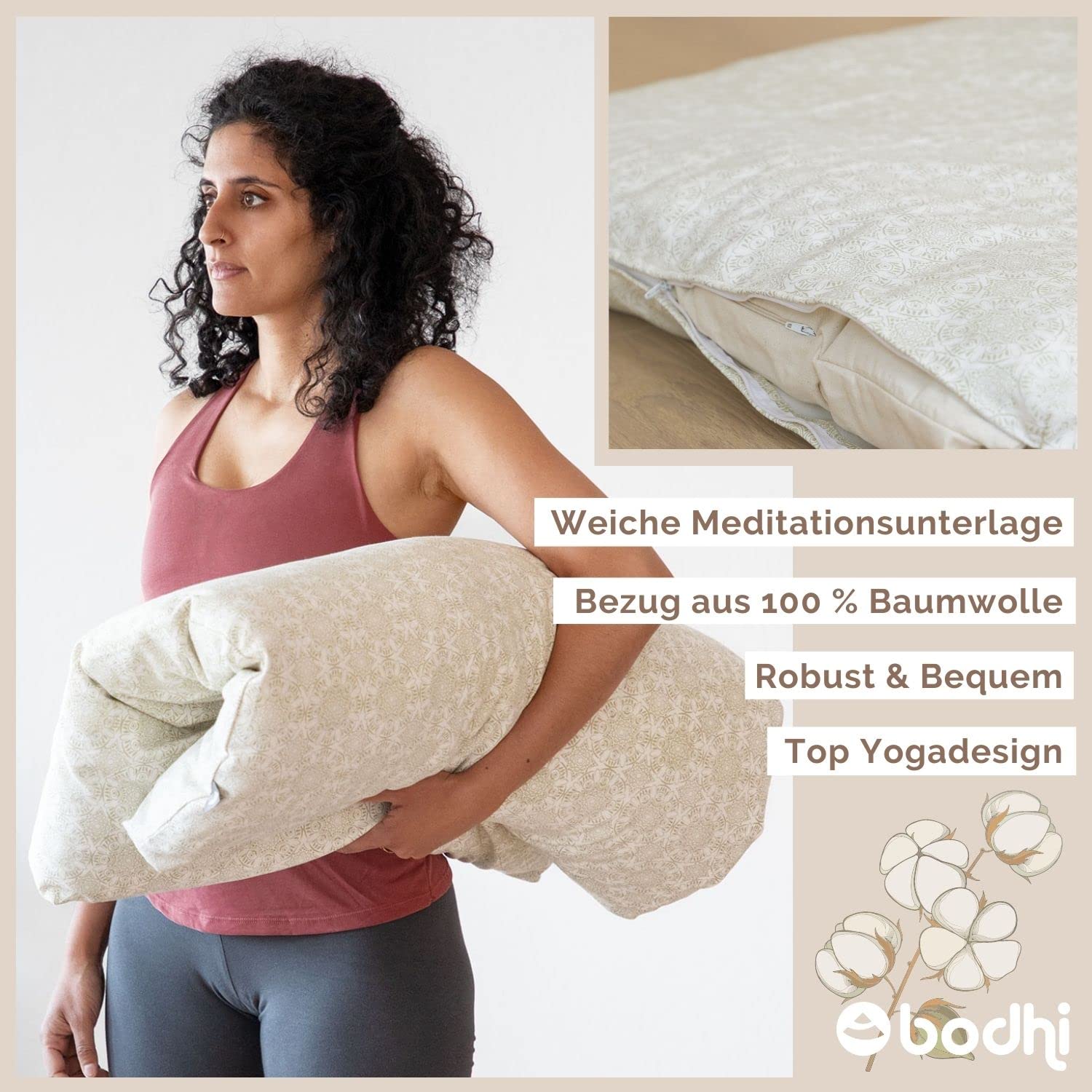 Bodhi Meditationsmatte ZABUTON aus Maharaja Collection | Gemusterte Yoga Matte mit abnehmbarem Bezug aus Bio-Baumwolle | Meditationskissen Unterlage | Maße 80 x 80 x 6 cm