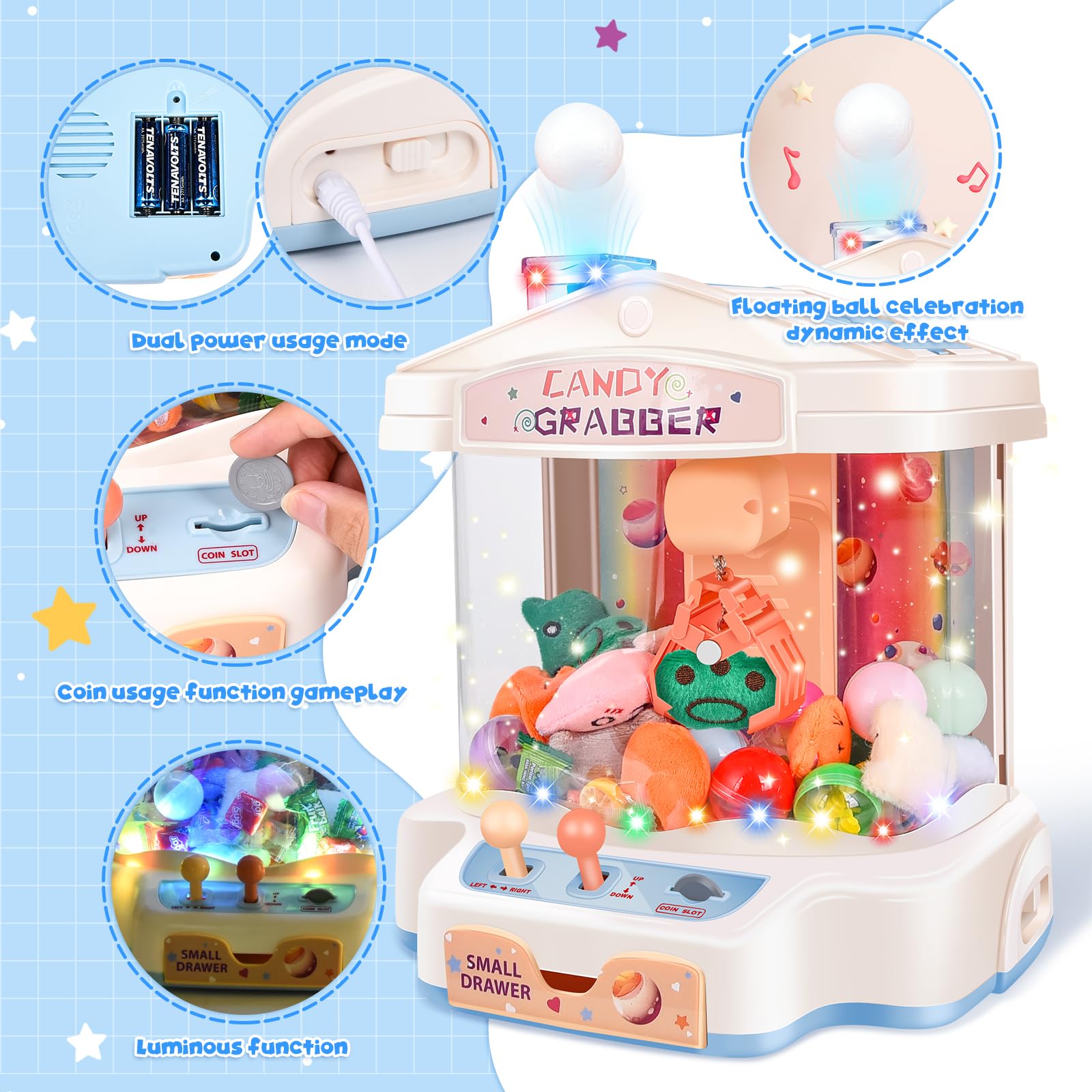 JONRRYIN Macchina ad Artiglio per Bambini, Grabber Caramelle Machine per Bambini con Musica, Macchina Giocattolo Artiglio con 15 Bambole, 20 Valuta di Gioco per Ragazzi e Ragazze