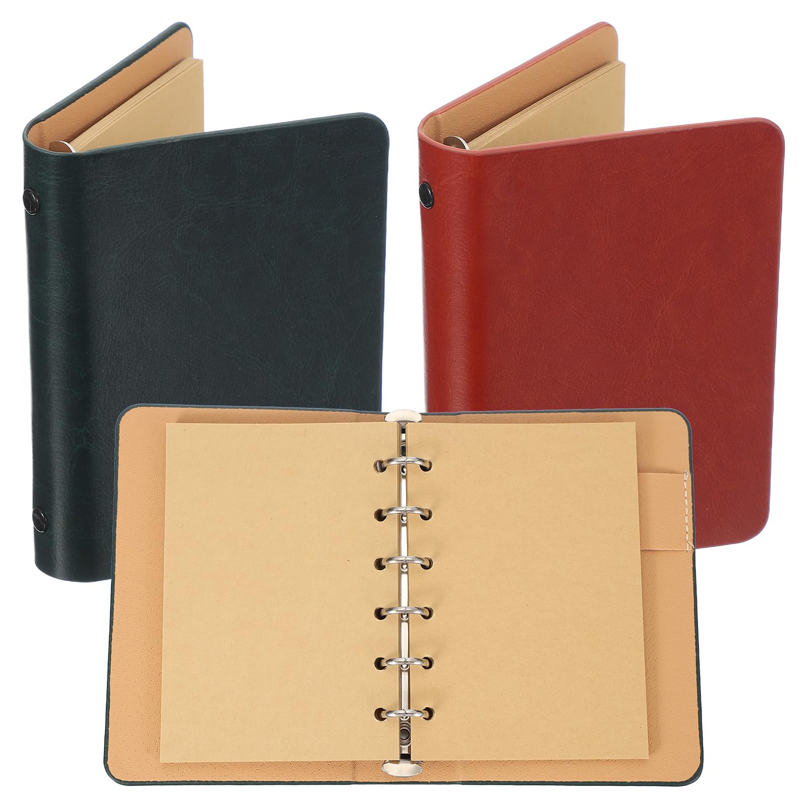 PATIKIL 6 Ring Binder Cover, 2 Pack A7 Kraft Leather Notebook Binder Mini Refillable Loose Leaf Personal Planner with 50 Sheets Paper, Dark Green/Orange โ image 1
