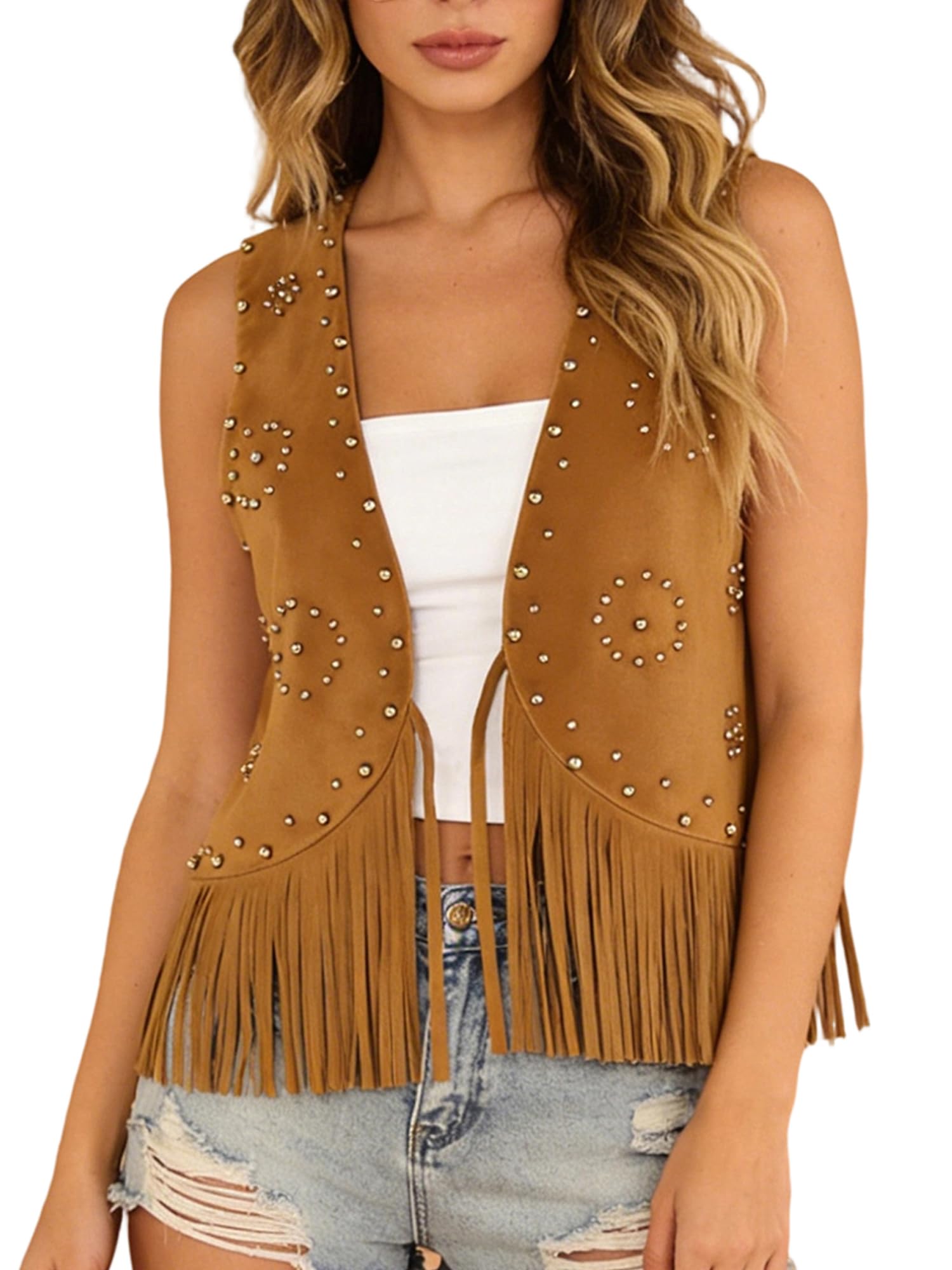 SANSIWU Womens Western Studded Fringe Vest Faux Suede 70s Hippie Rivets Tassel Vest Sleeveless Open Front Cowboy Waistcoat (A-Khaki, S)