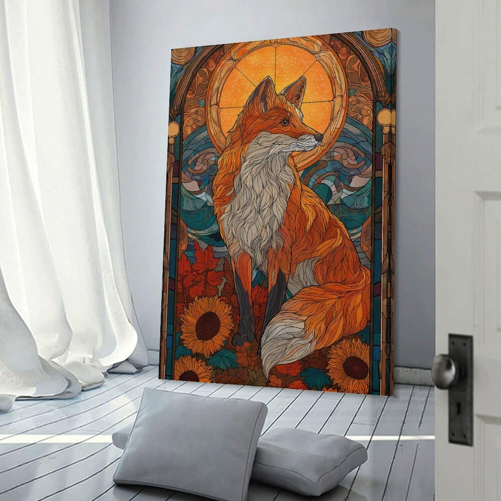 Junmoney Frame-Style-13 Decorative Wall Artwork Fox Stained Glass Art Nouveau, 24X36inch(60X90cm), For Sofa Walls, Lounge Or Home Corners, Modern Wall Decor For Cosy Interiors