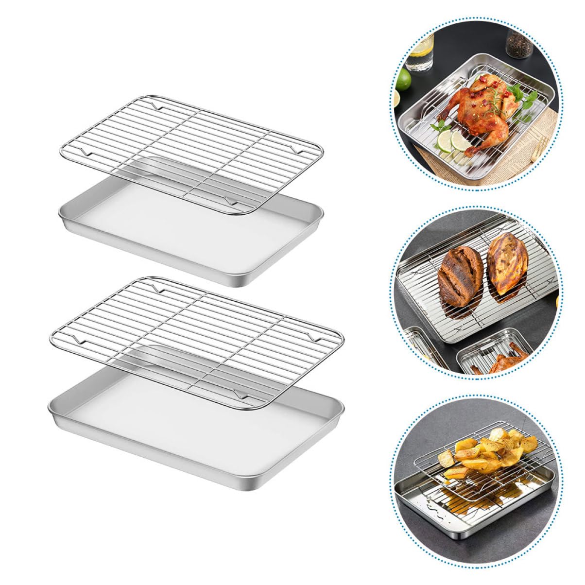 Garneck 2 juegos Bandejas para Horno de Acero Inoxidable con Rejilla para Asar y Enfriar Compacto y Resistente y Fácil de Limpiar para Galletas Pasteles y Carnes