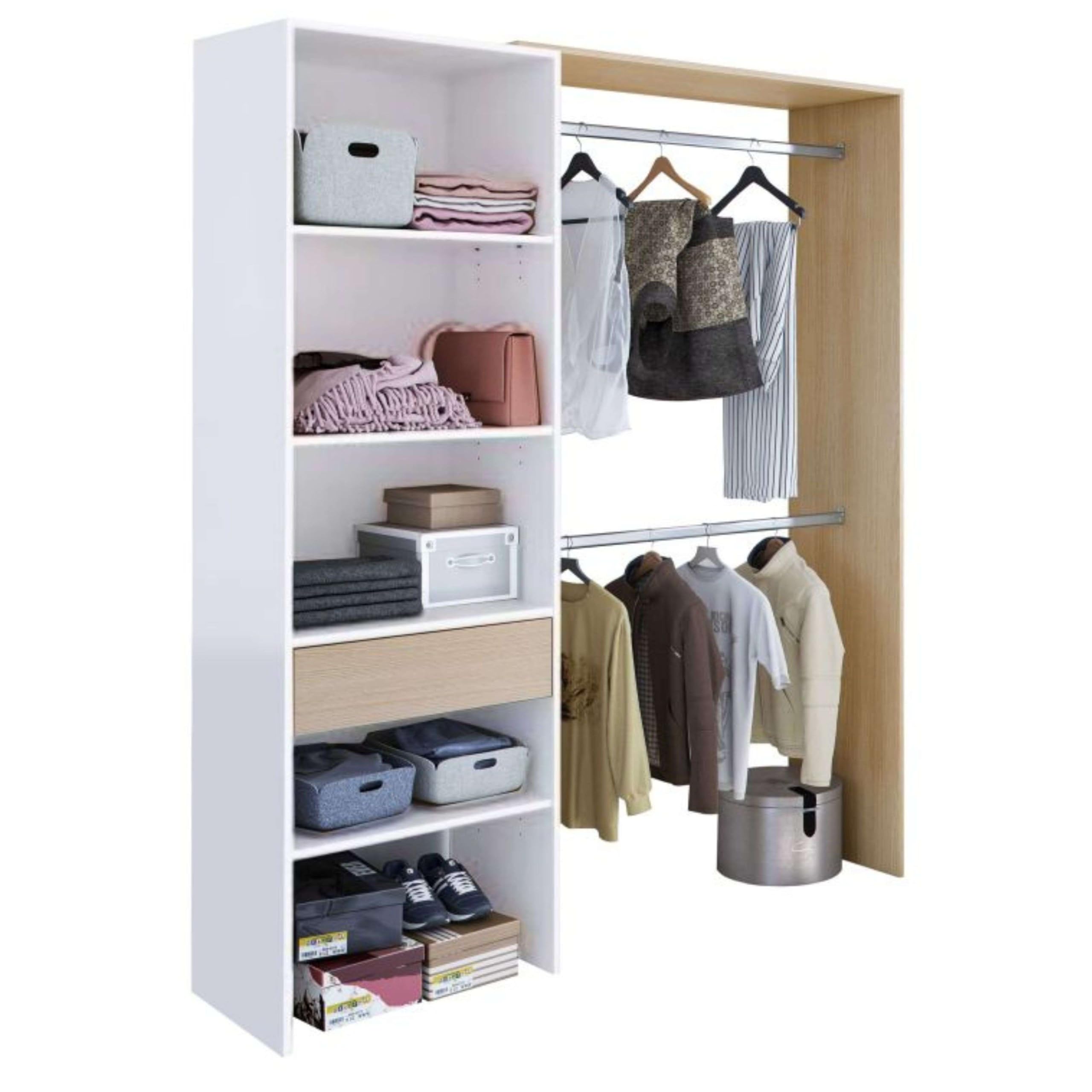 Habitdesign Armoire 2 tringles 4 étagères 1 tiroir 187 x 158 x 40 cm (H x l x P x P) - Dressing réversible Blanc « Artik » et chêne