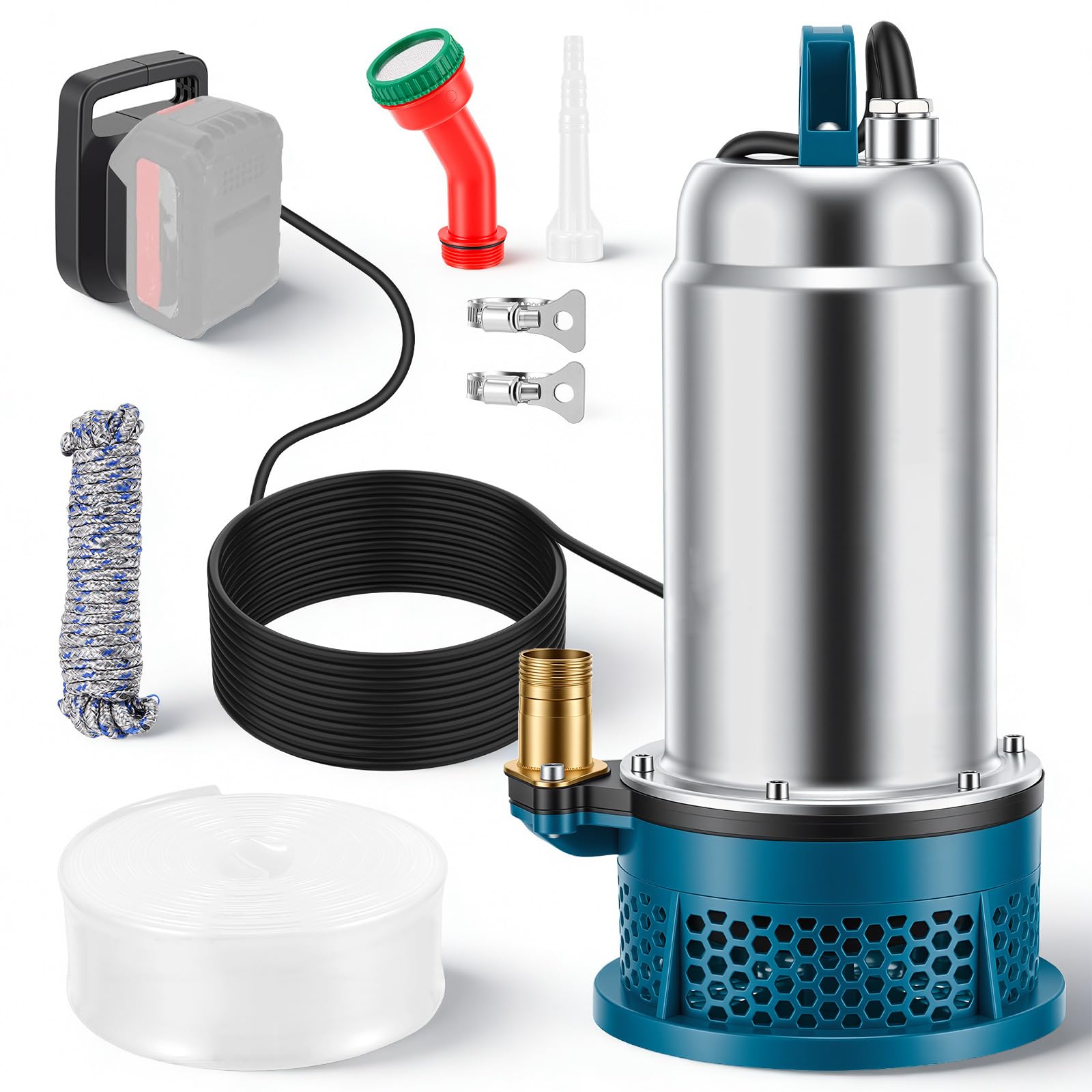 Tauchpumpe kompatibel mit Mk 18V Akku, 5000L/H Tragbare Kabellose Wasserpumpe Sumpfpumpe mit 10m Schlauch, 5M Verbindungskabel, 16M Förderhöhe, für Pool, Gartenbewässerung