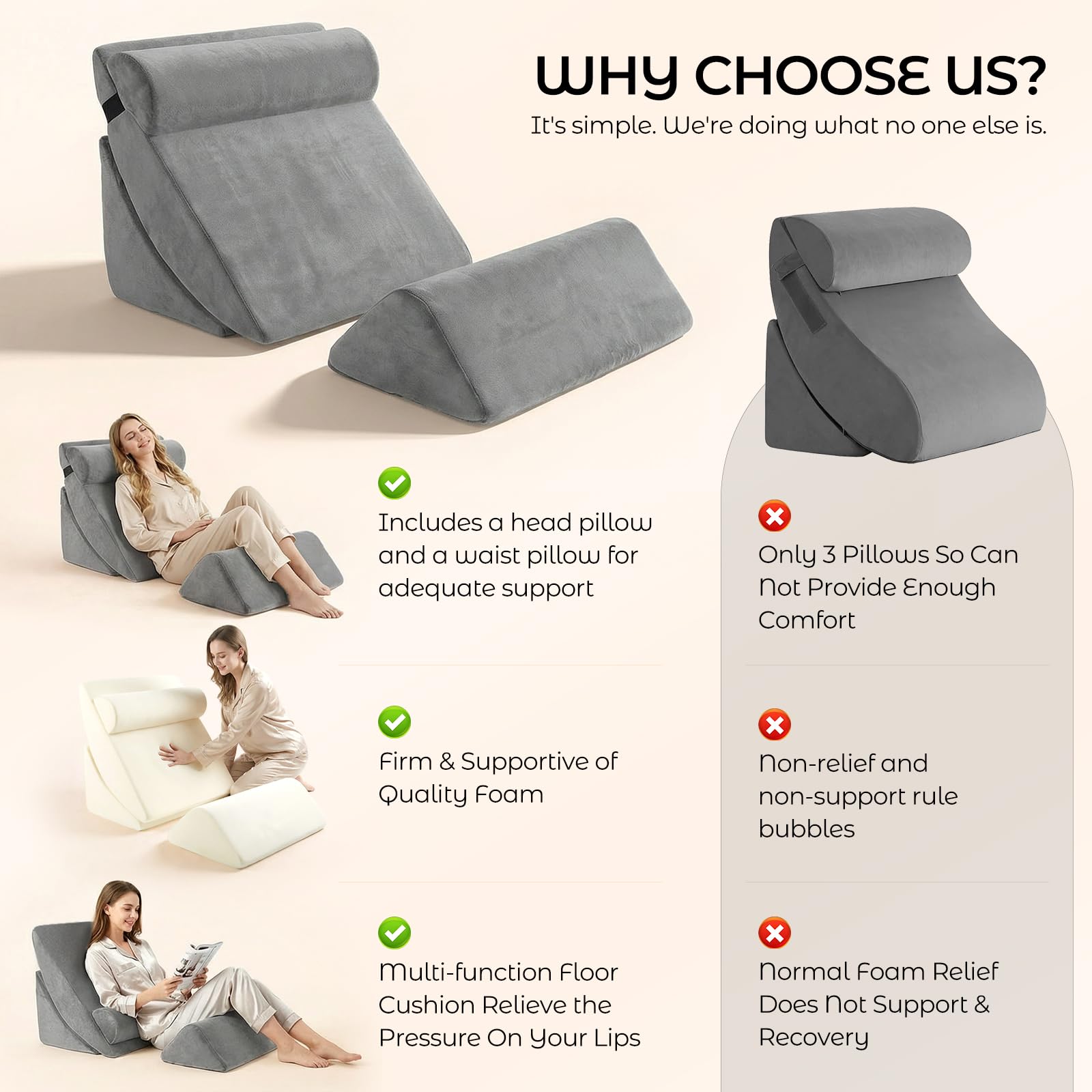 Set di 4 cuscini a cuneo in memory foam, cuscino letto e lettura regolabile in altezza, per divano e letto, lavabili in grigio