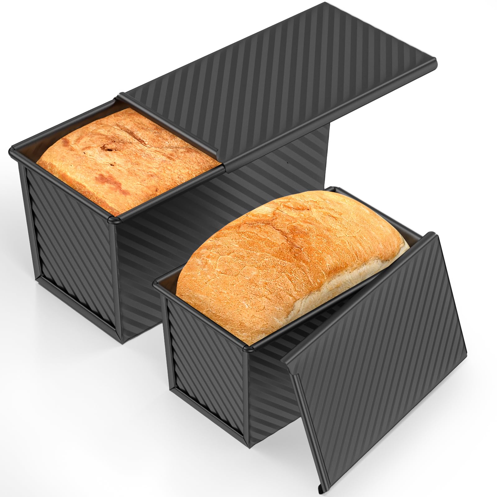 2 PCS Pullman Loaf Pan with Lid, 1.2Lb & 0.67 Lb Dough Capacity Non-Stick Bread Pans for Homemade Bread, Carbon Steel Bread Loaf Pans, Bakeware for Baking Sandwich and Toast, Black
