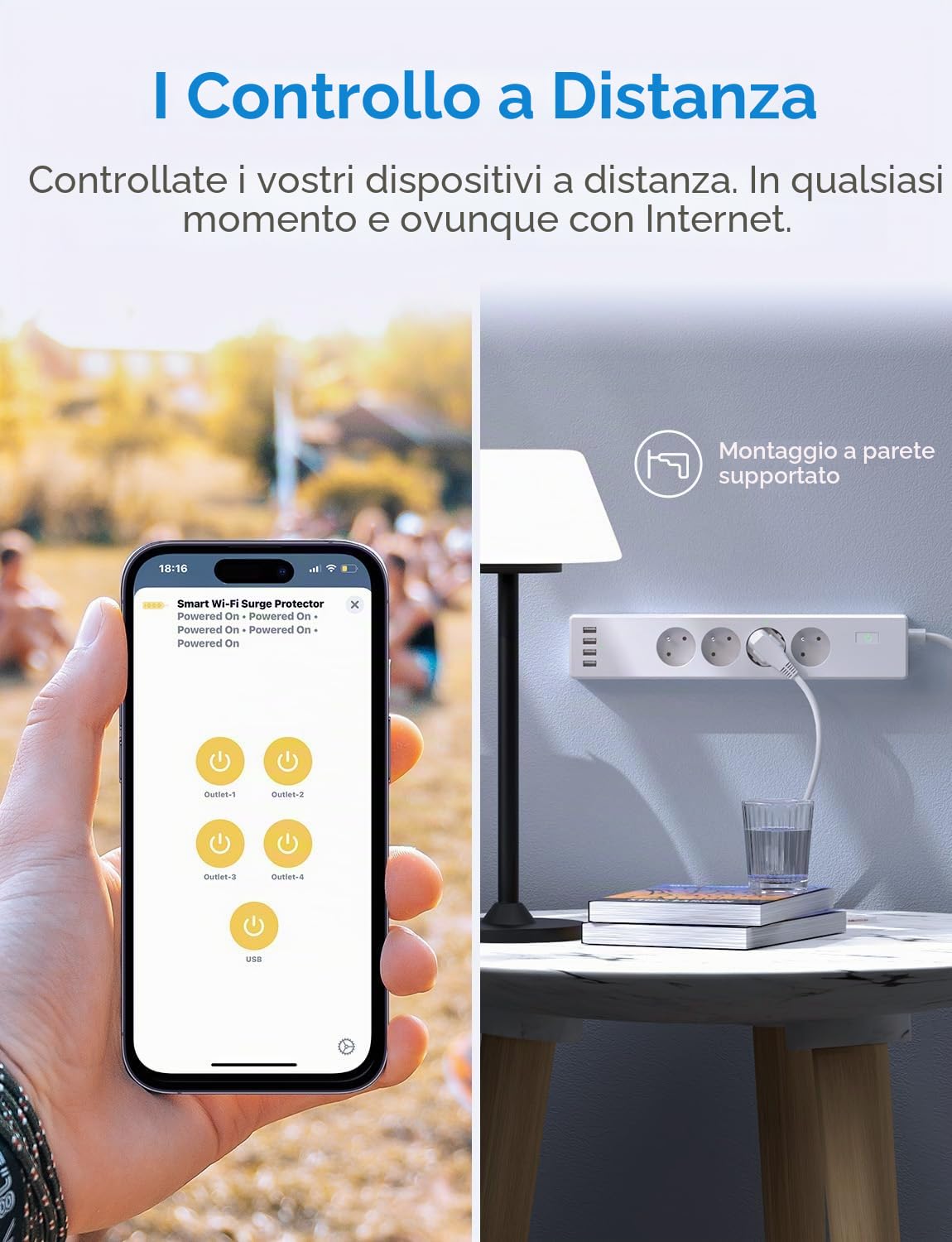 MerossMultipresa collegata (tipo E), 16A WiFi compatibile con Apple HomeKit, Alexa e Google Home (4 prese AC e 4 porte USB), intelligente con controllo vocale