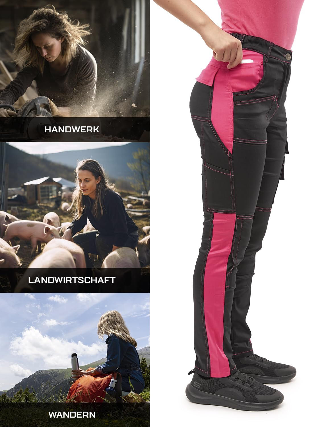 strongAnt Damen Arbeitshose komplett Stretch für Frauen Bundhose mit Kniepolstertaschen - Schwarz-Pink. Größe: 54