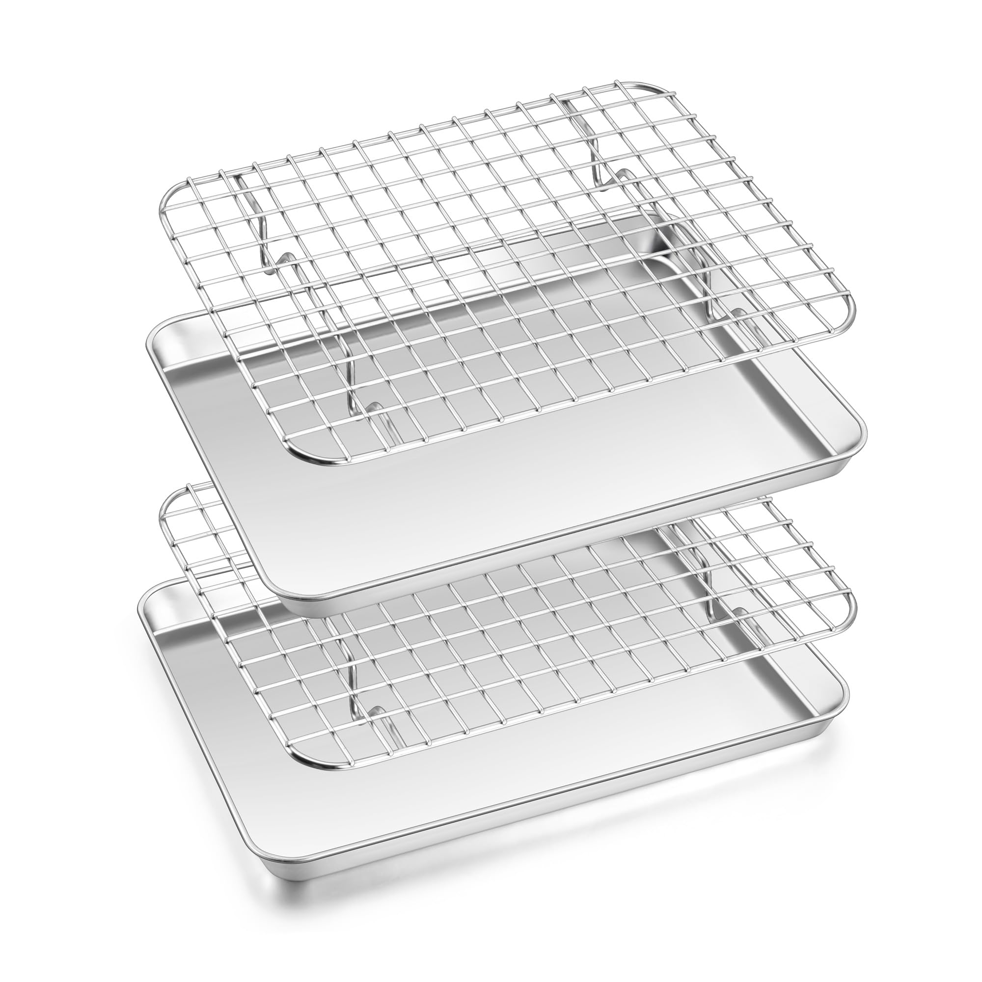 Toaster Oven Pan with Rack Set (2 Small Baking Sheets+2 Grill Racks), 9 x 7 Inch Stainless Steel Small Cookie Sheets Bacon Tray with Grid Cooling Racks for Baking Roasting Grilling, Dishwasher Safe